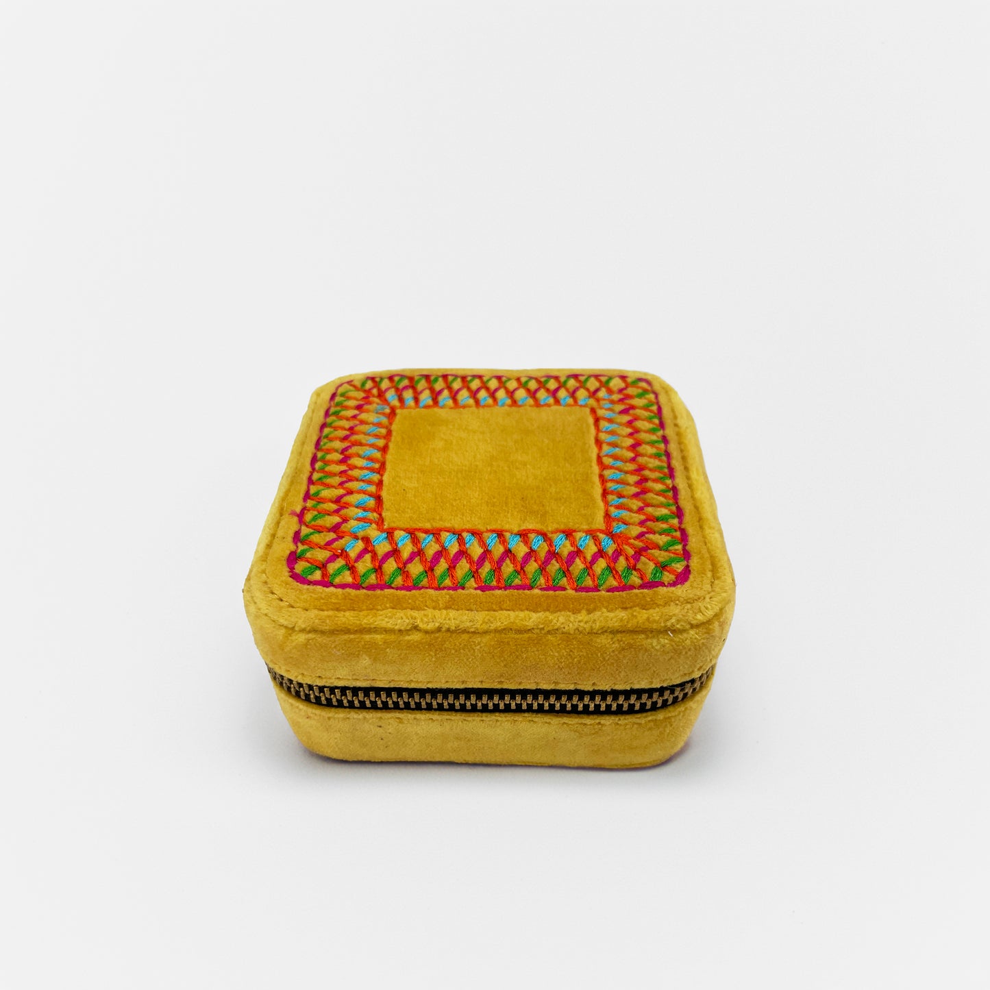 Mustard Velvet Square Embroidered Jewellery box