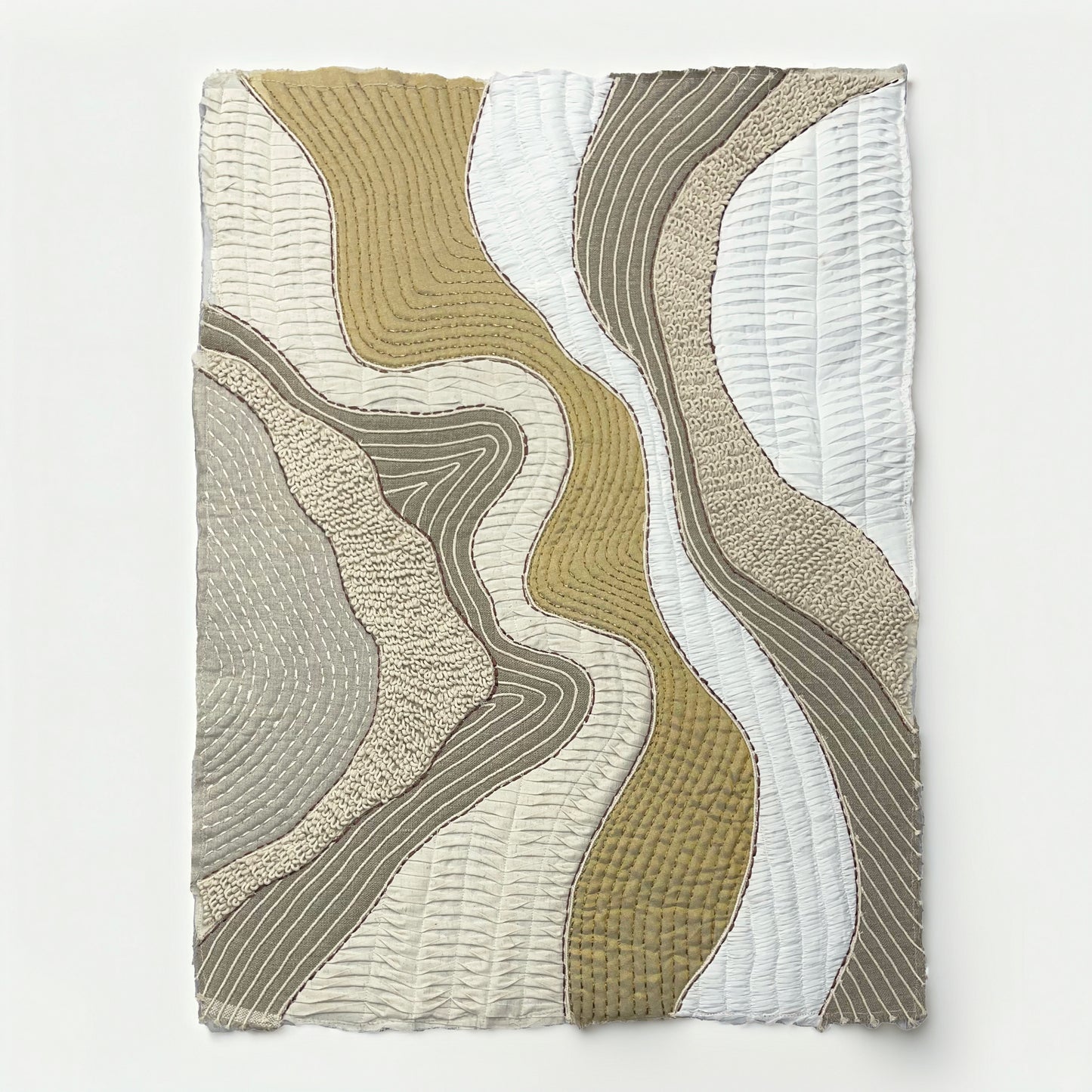 Quilted Textile WALL ART, Natural textures & Gold zari, unframed