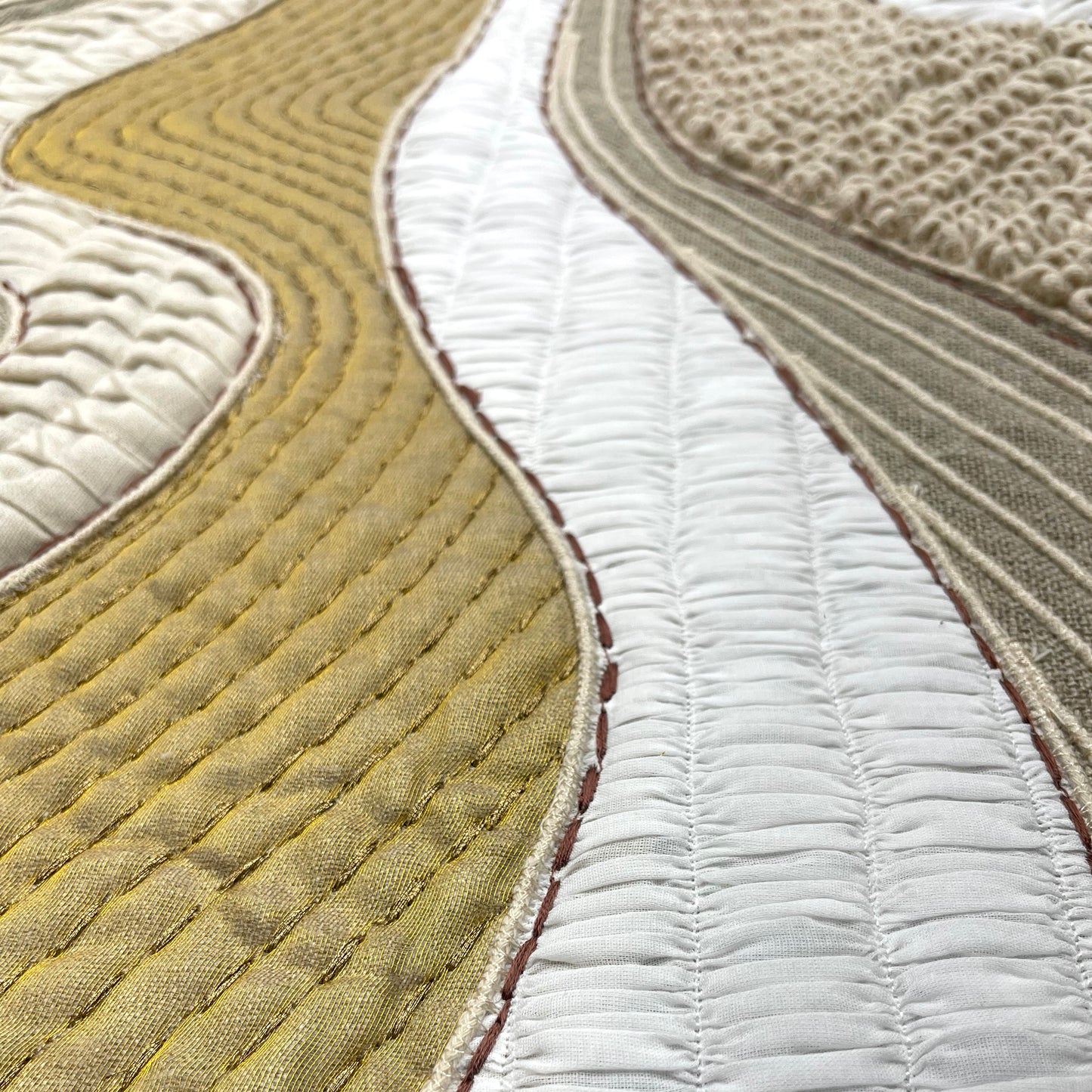 Quilted Textile WALL ART, Natural textures & Gold zari, unframed