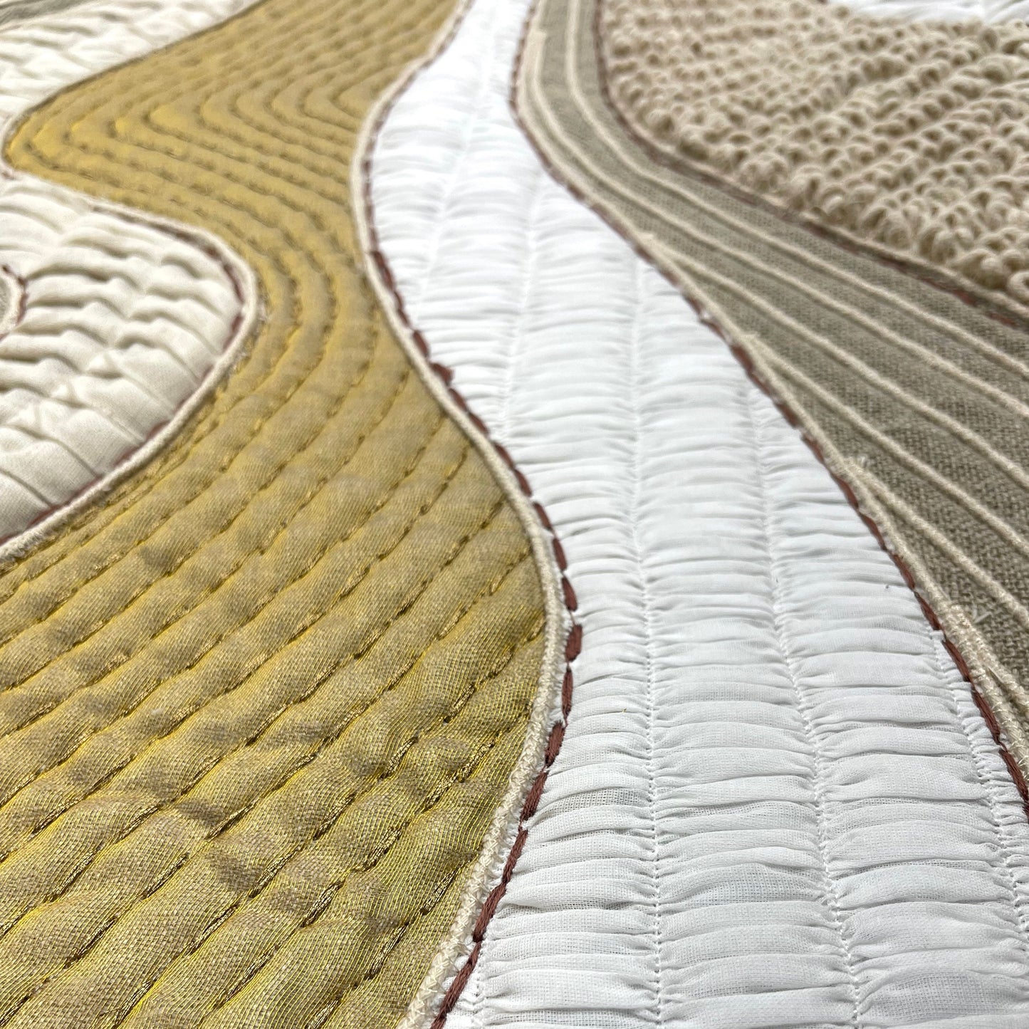 Quilted Textile WALL ART, Natural textures & Gold zari, unframed - Vliving