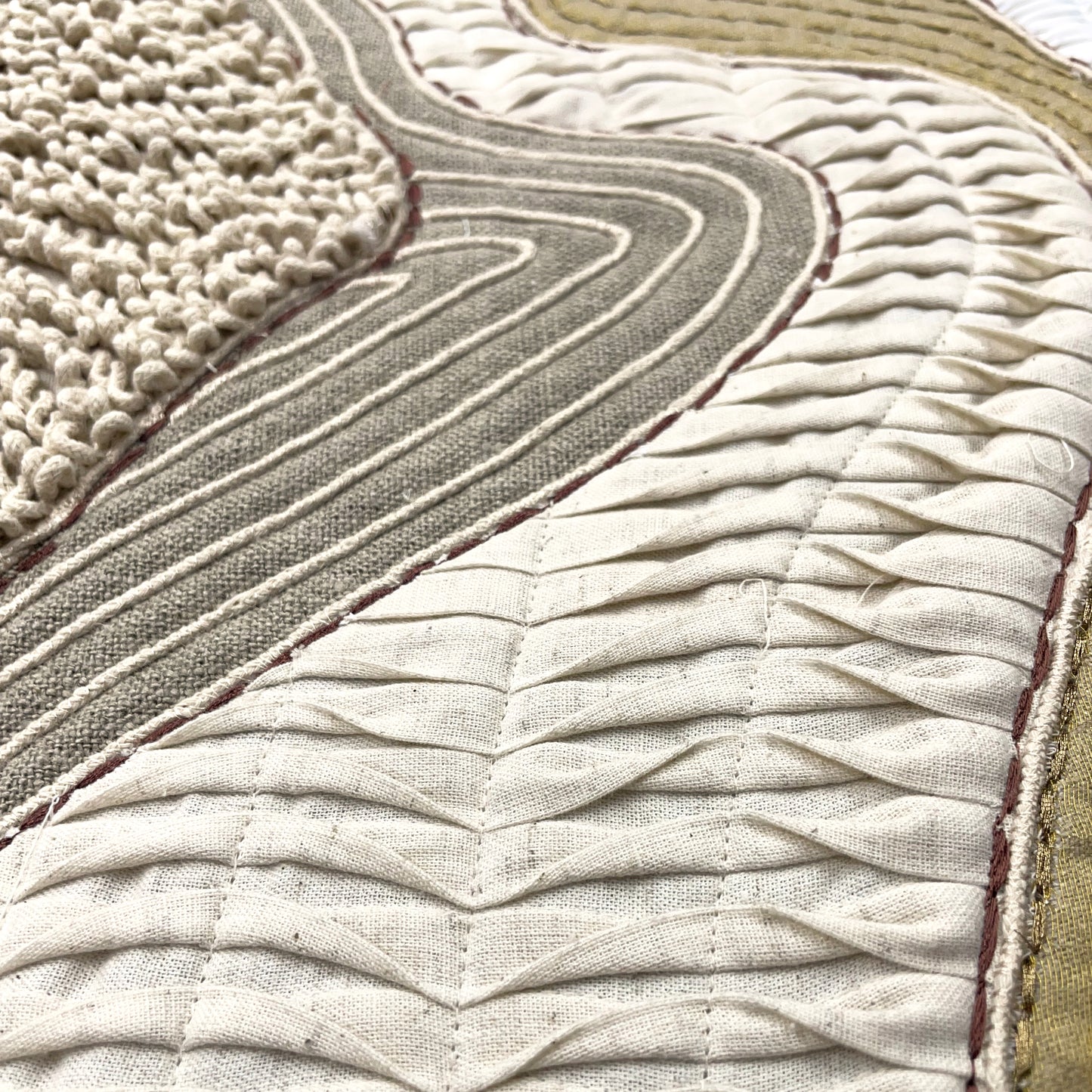 Quilted Textile WALL ART, Natural textures & Gold zari, unframed