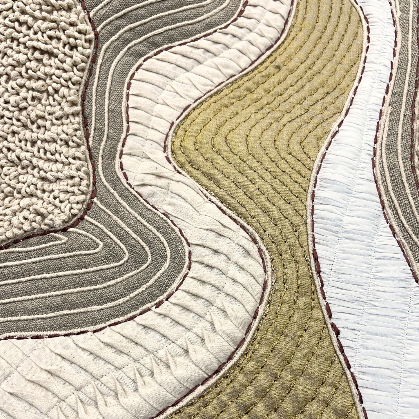 Quilted Textile WALL ART, Natural textures & Gold zari, unframed