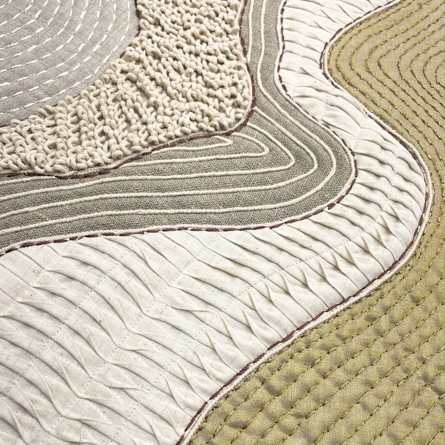 Quilted Textile WALL ART, Natural textures & Gold zari, unframed