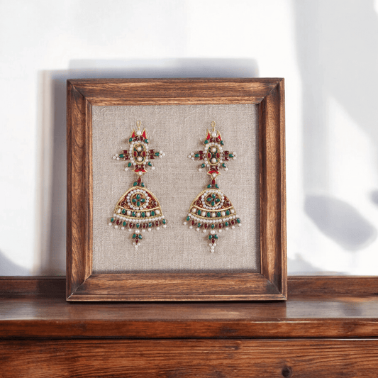 EARRINGS royal Indian jewellery wall art, embroidery and applique in hoop OR wooden frame