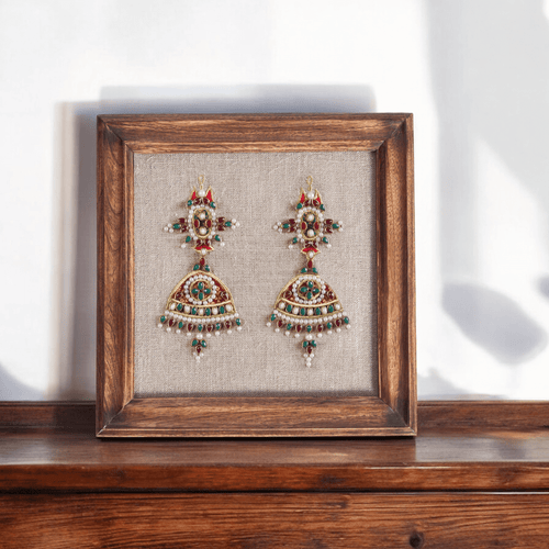 EARRINGS royal Indian jewellery wall art, embroidery and applique in hoop OR teak wooden frame