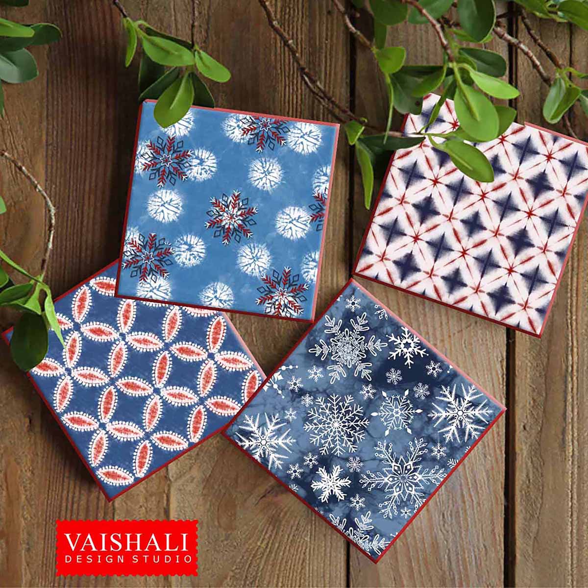 Shibori pattern coaster set template for Christmas, Red and blue colour, Digital Print download, 3.8x3.8 inch size, 1 sheet