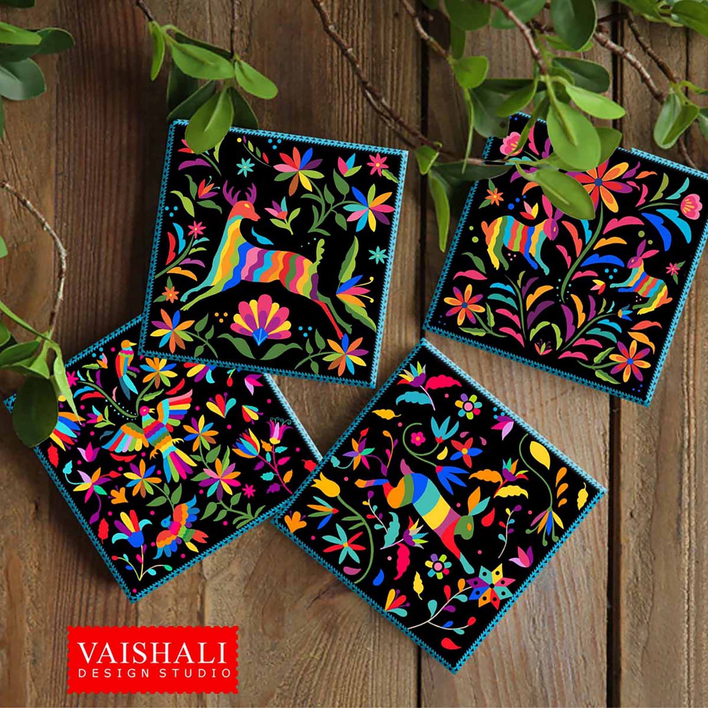 Mexican folk art - coaster print, Digital Print download, digital collage, 3.8x3.8 inch size, 1 sheet