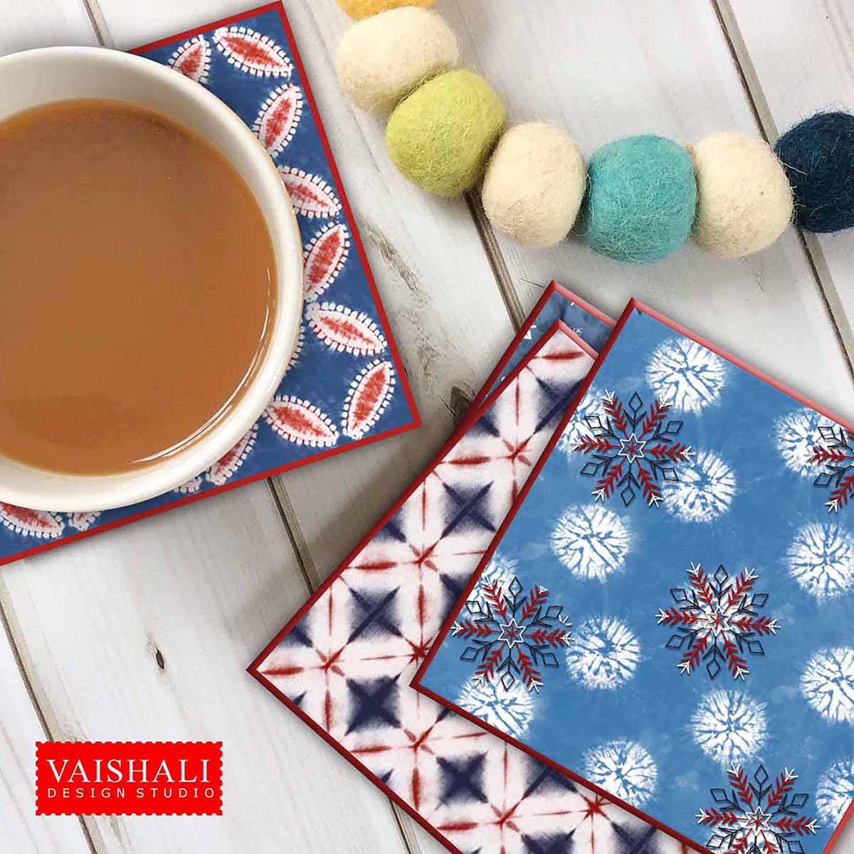Shibori pattern coaster set template for Christmas, Red and blue colour, Digital Print download, 3.8x3.8 inch size, 1 sheet