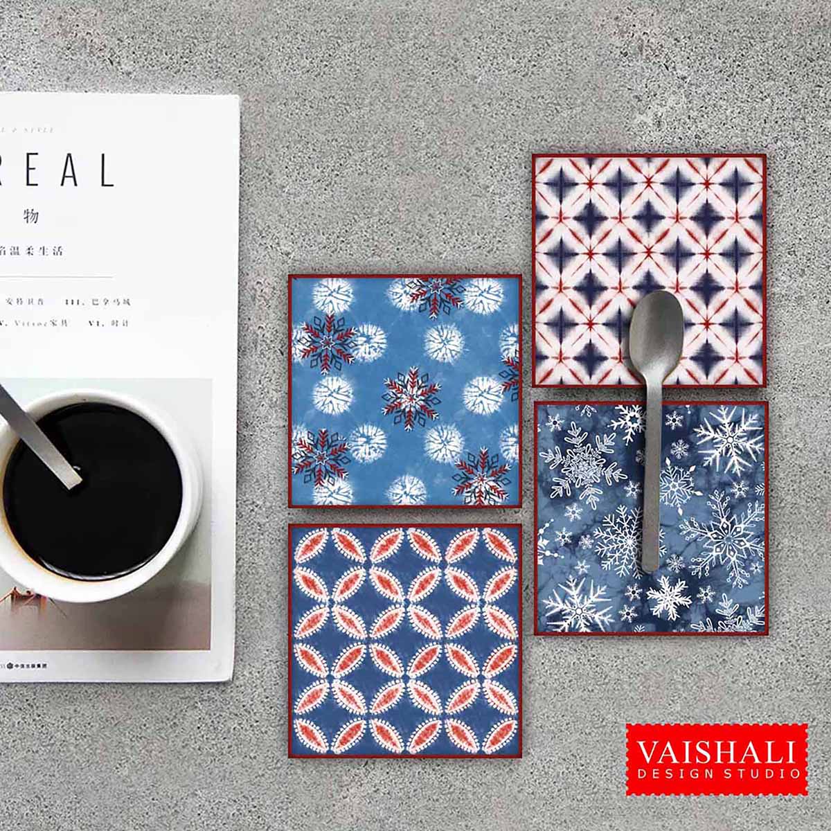 Shibori pattern coaster set template for Christmas, Red and blue colour, Digital Print download, 3.8x3.8 inch size, 1 sheet