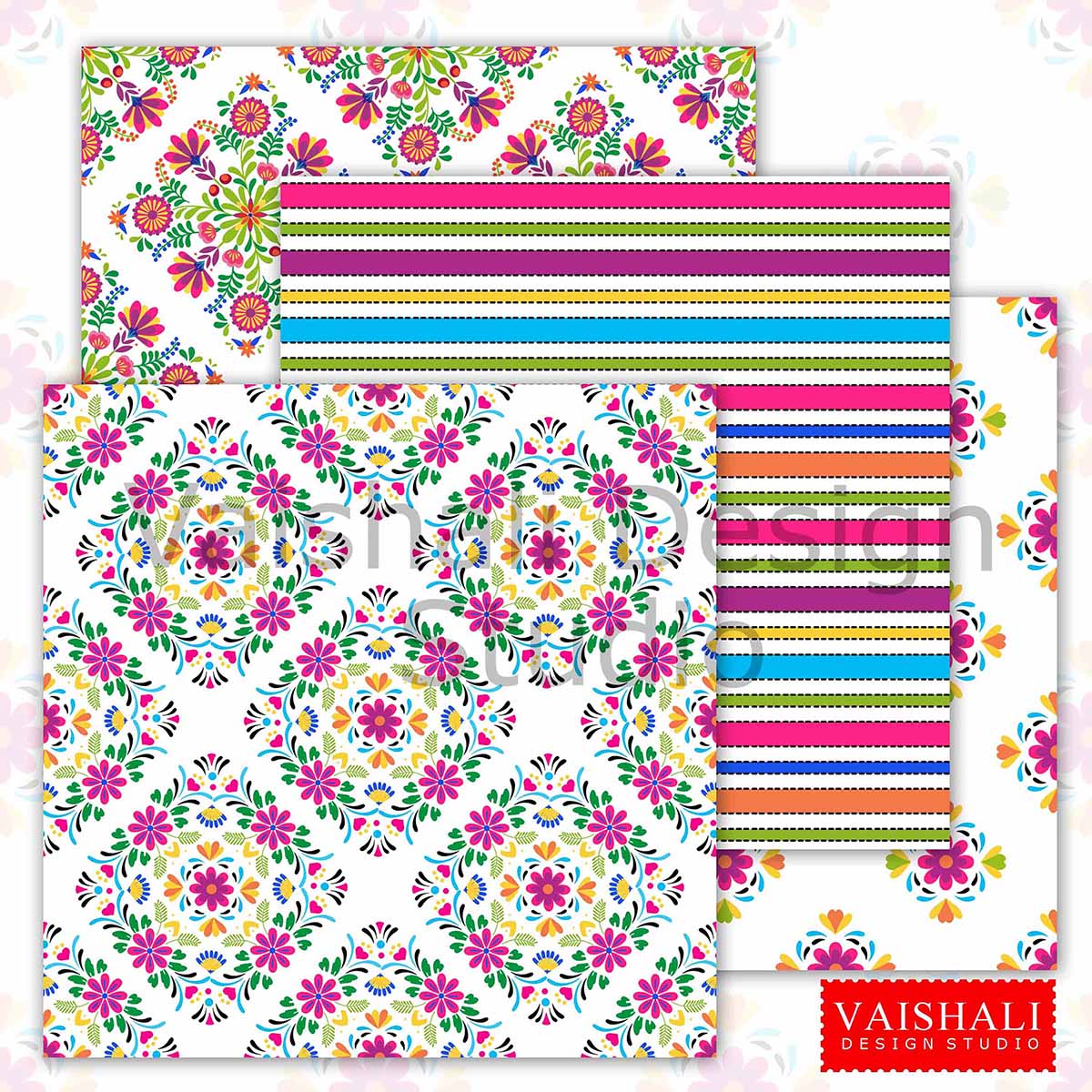 Mexican folk art print, floral pattern, seamless pattern, 4 sheets, digital print downloads
