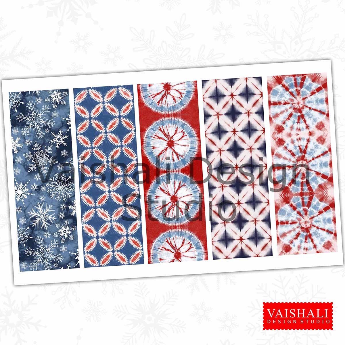 Shibori pattern bookmark template for Christmas, Red and blue colour, printable 1.6"x 6.3",digital collage sheet