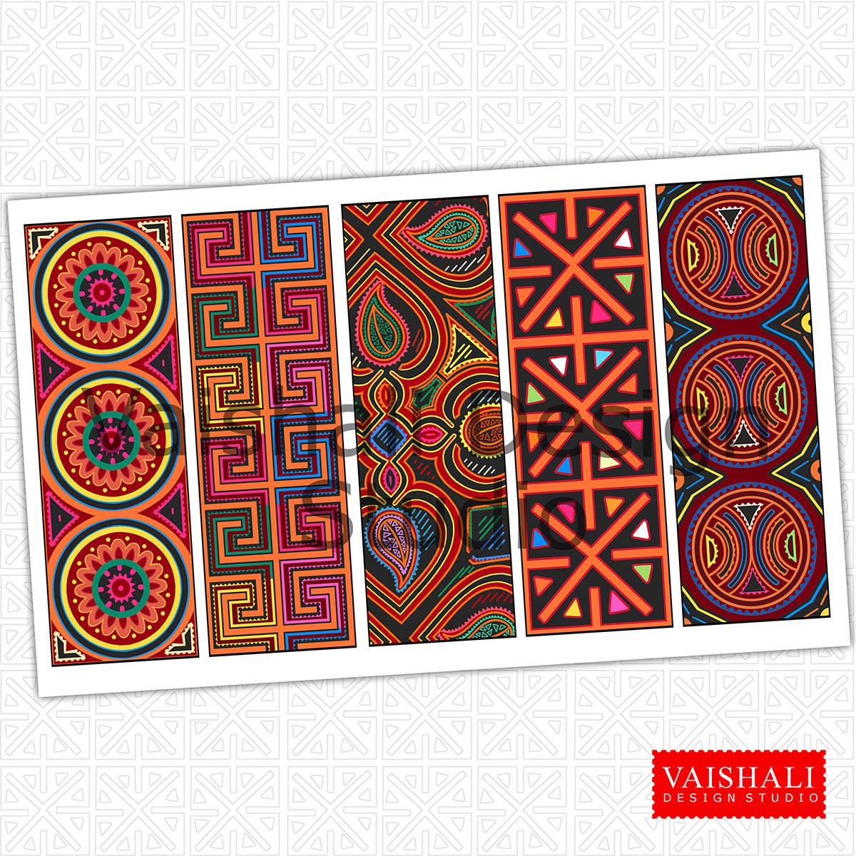 Multicoloured Mola art bookmark template, printable 1.6"x 6.3",digital collage sheet