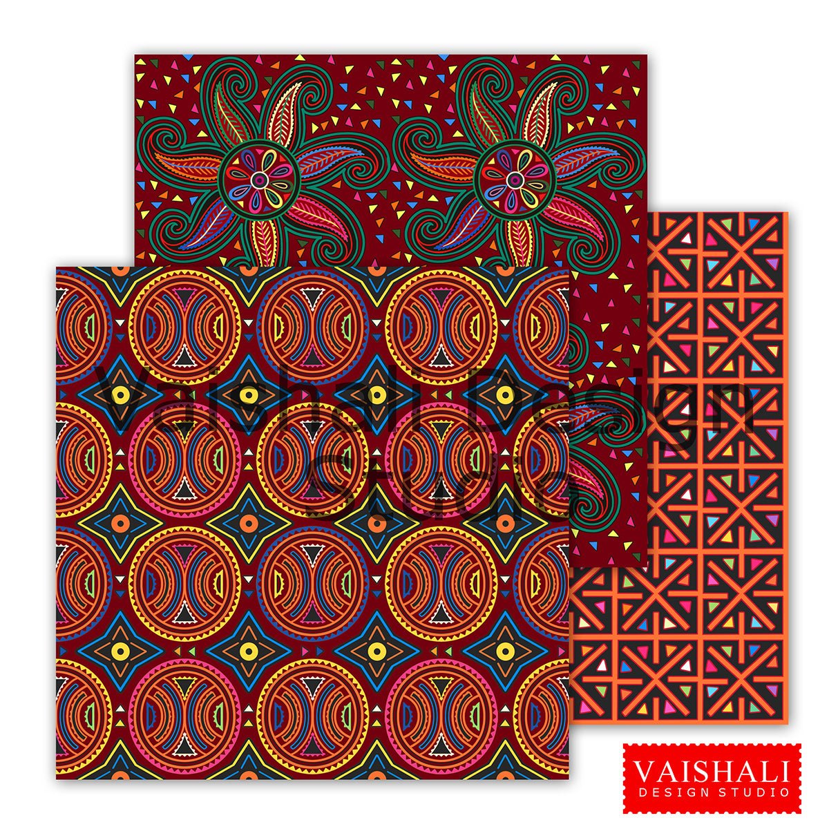 Mola Art print, multicolour, 3 sheets, seamless print, pre made pages, digital downloads