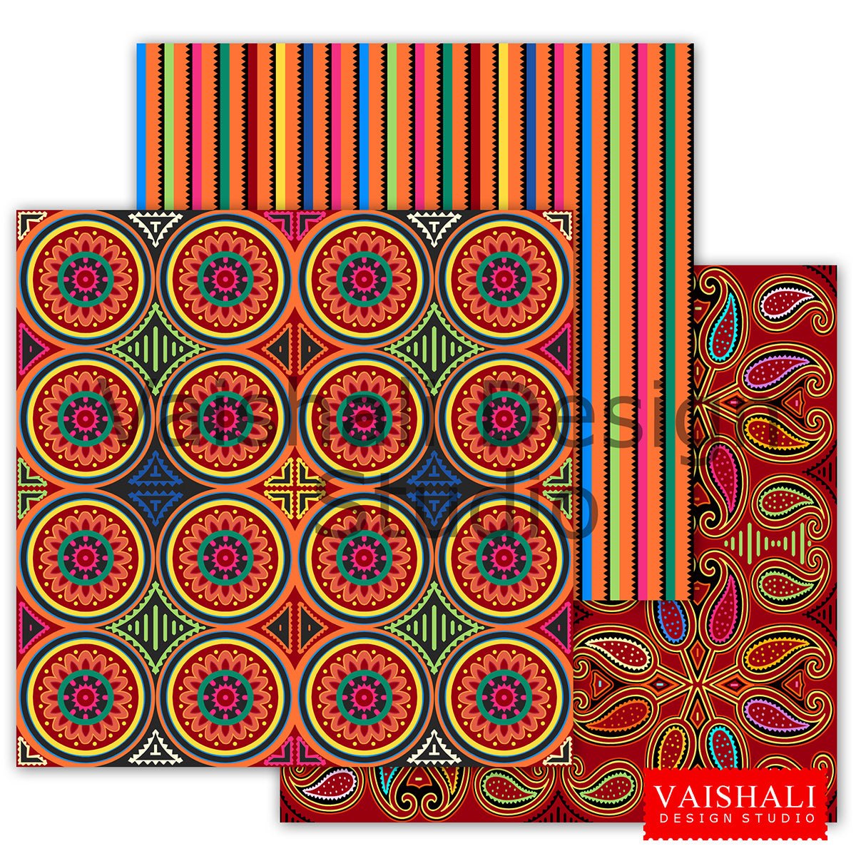 Mola Art print, multicolour, 3 sheets, seamless print, pre made pages, digital downloads