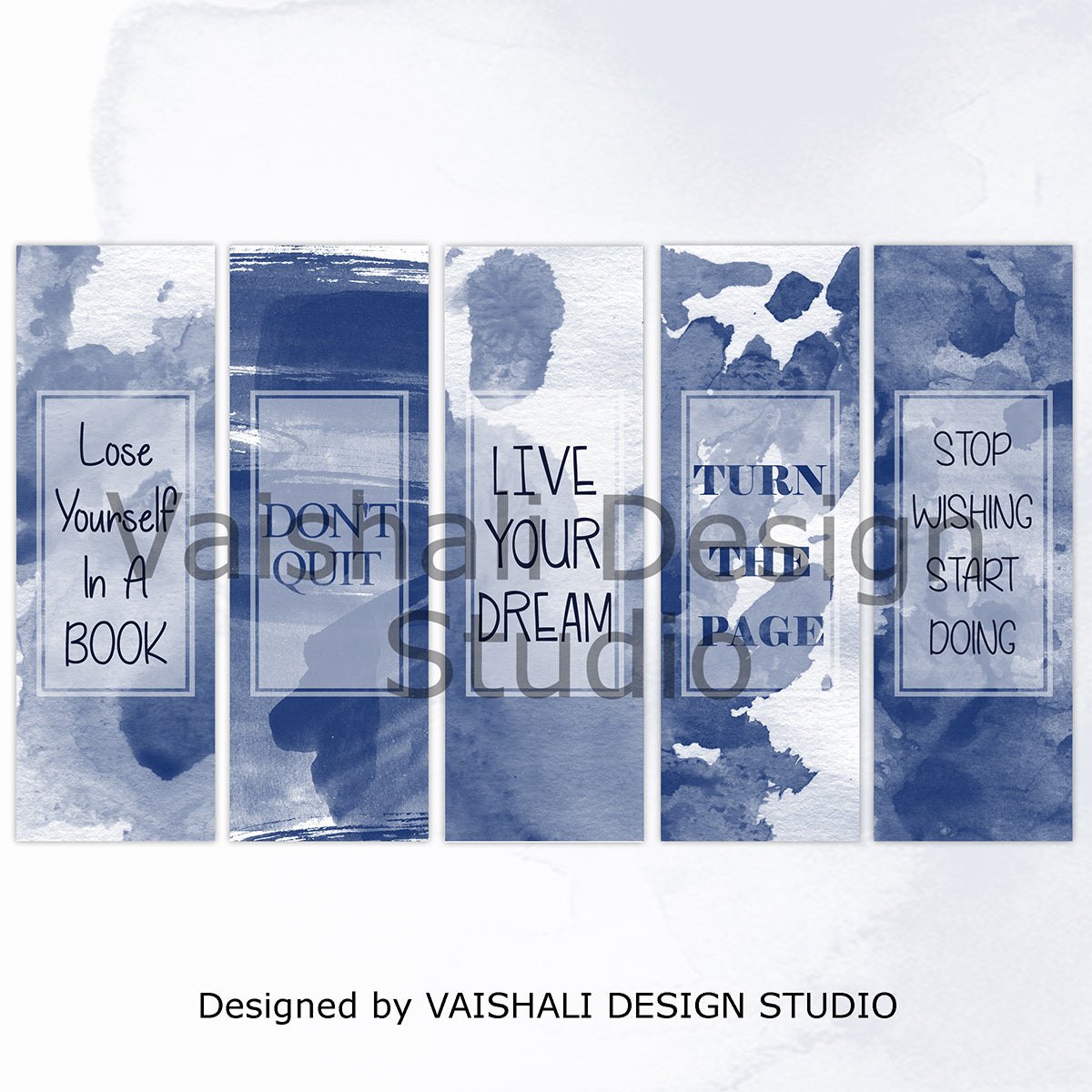 Ink Blue Watercolour bookmark template, printable 1.6"x 6.3",digital collage sheet