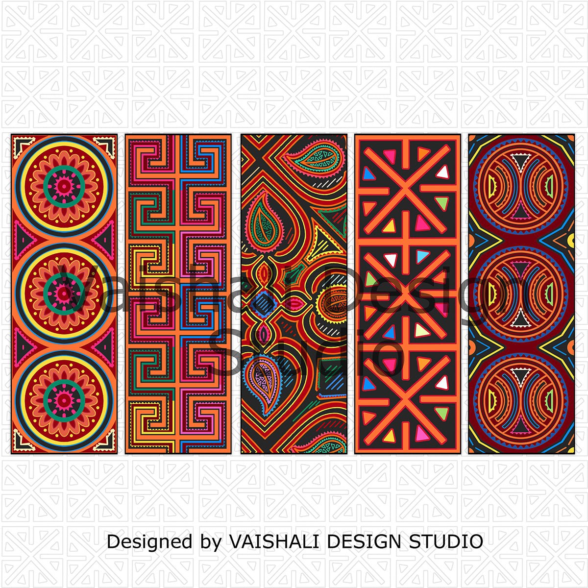 Multicoloured Mola art bookmark template, printable 1.6"x 6.3",digital collage sheet