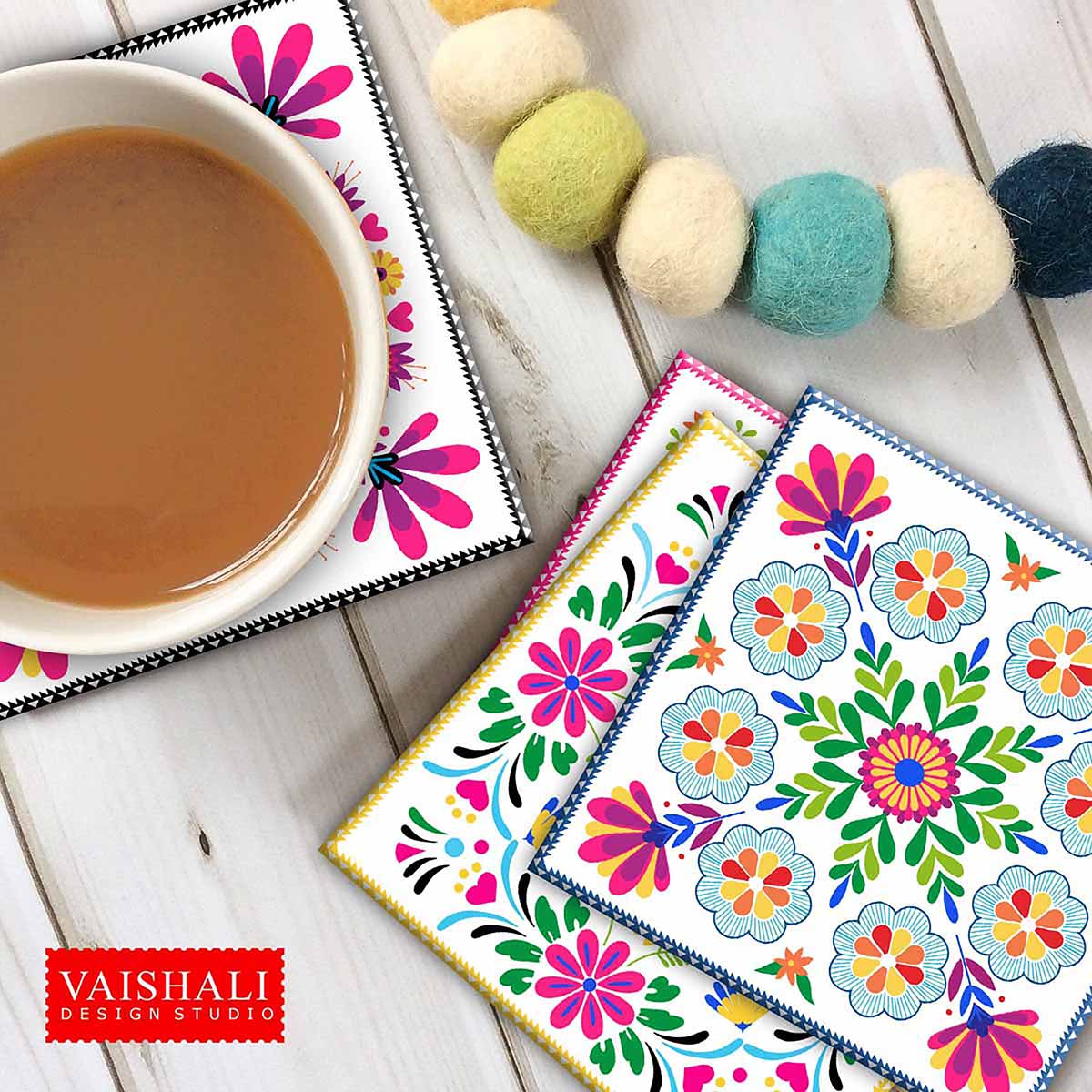 Mexican folk art - coaster print, Digital Print download, digital collage, 3.8x3.8 inch size, 1 sheet