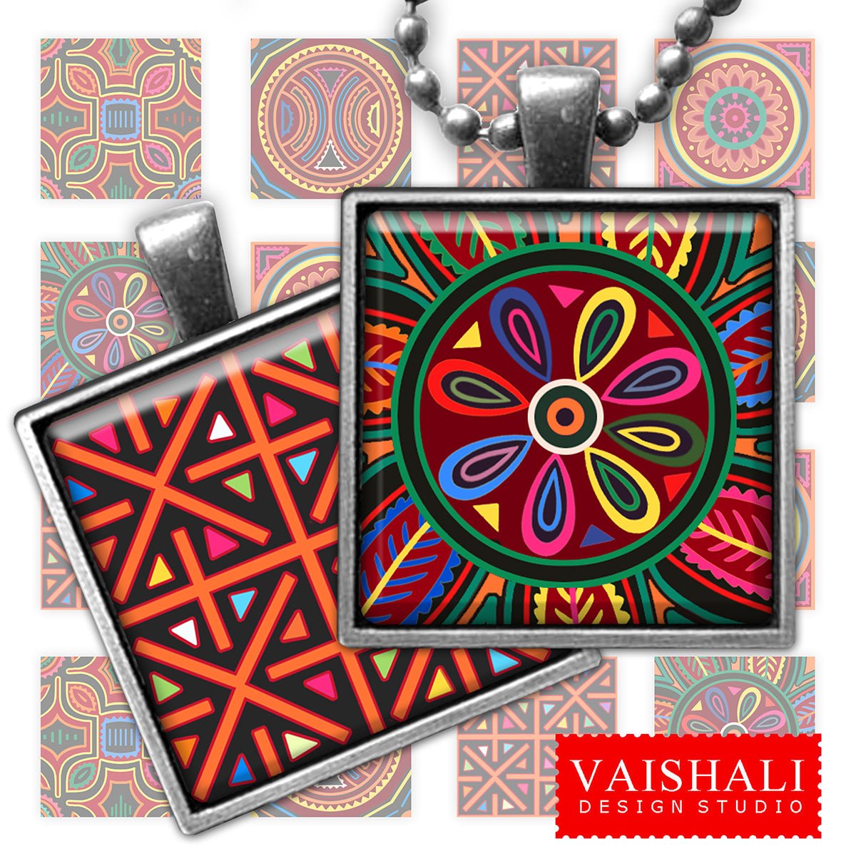 Multicolour Mola pattern - pendants, magnets, bezel trays, Digital Print download, 3 sheets