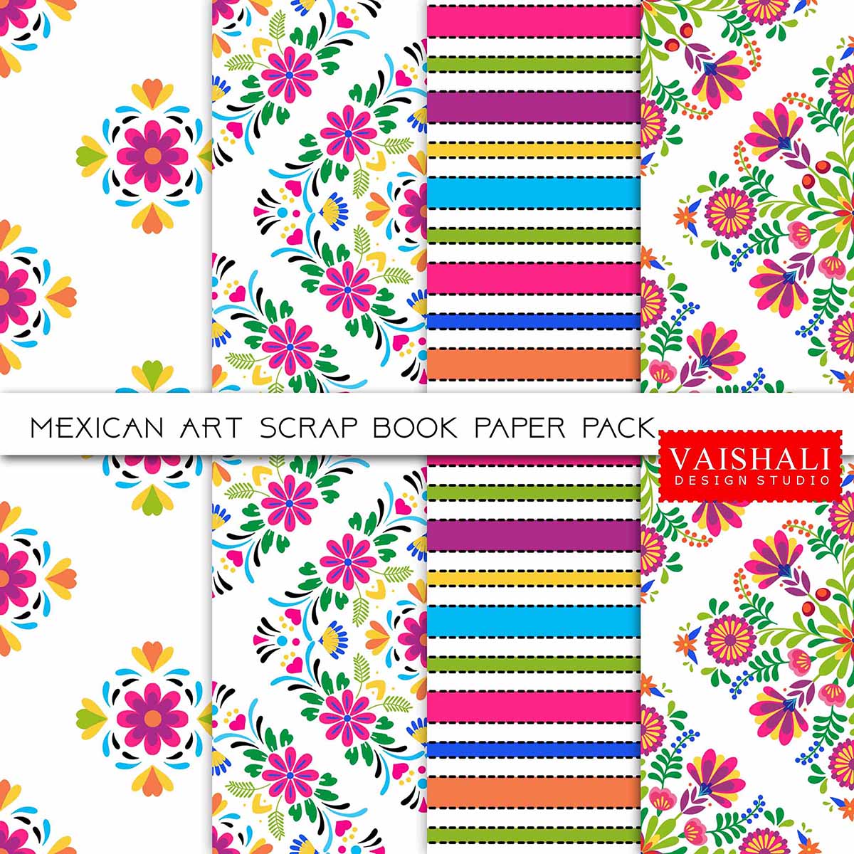 Mexican folk art print, floral pattern, seamless pattern, 4 sheets, digital print downloads