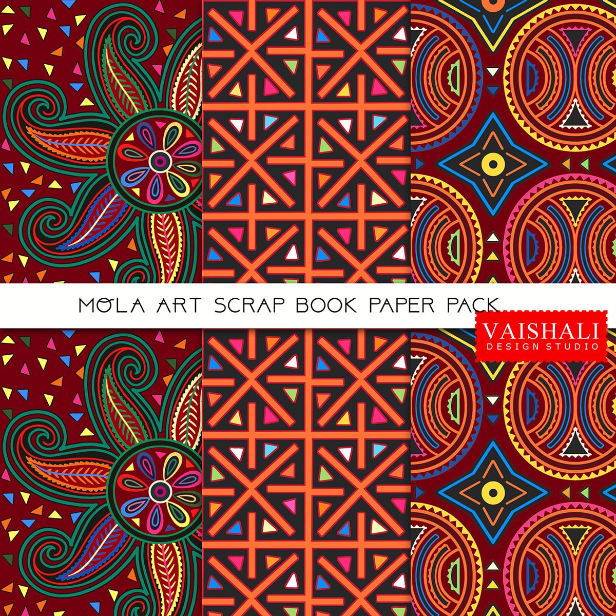 Mola Art print, multicolour, 3 sheets, seamless print, pre made pages, digital downloads