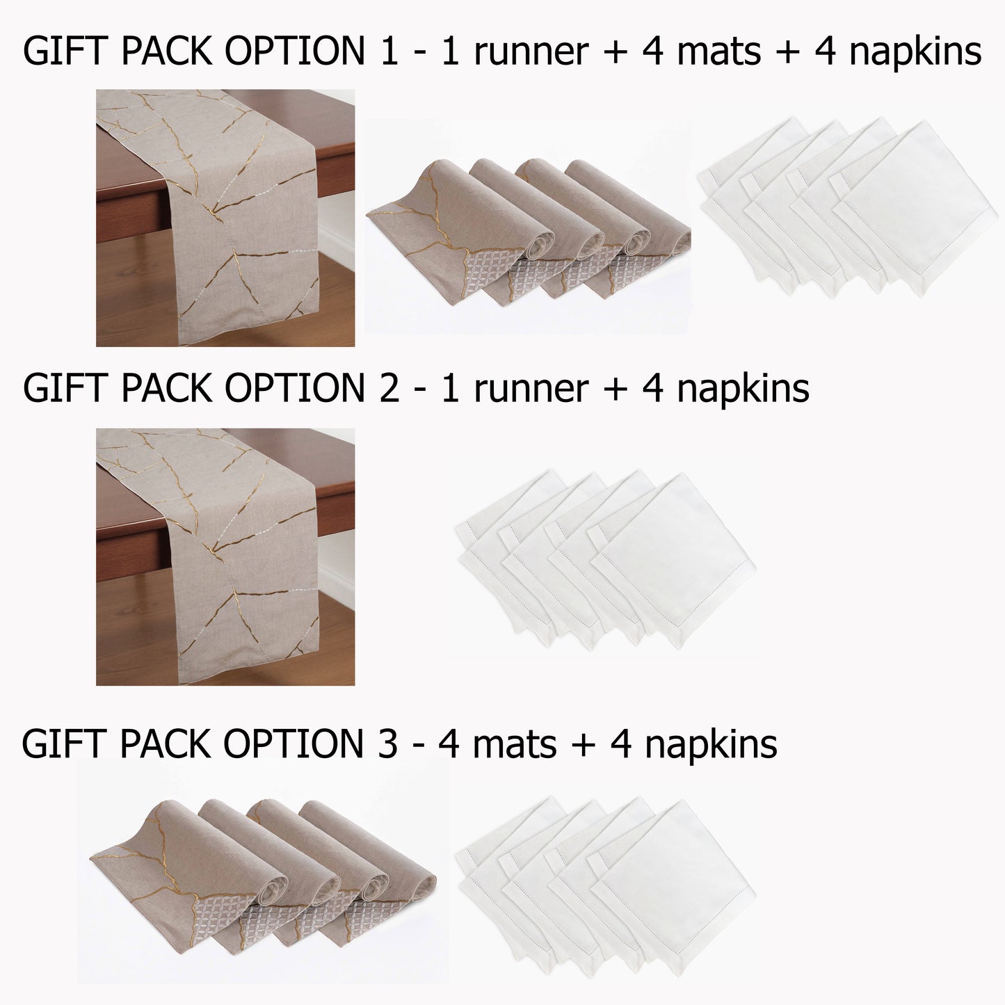 KINTSUGI Table Linen GIFT PACK - Linen and Cotton with Gold Zari and White Silk Embroidery