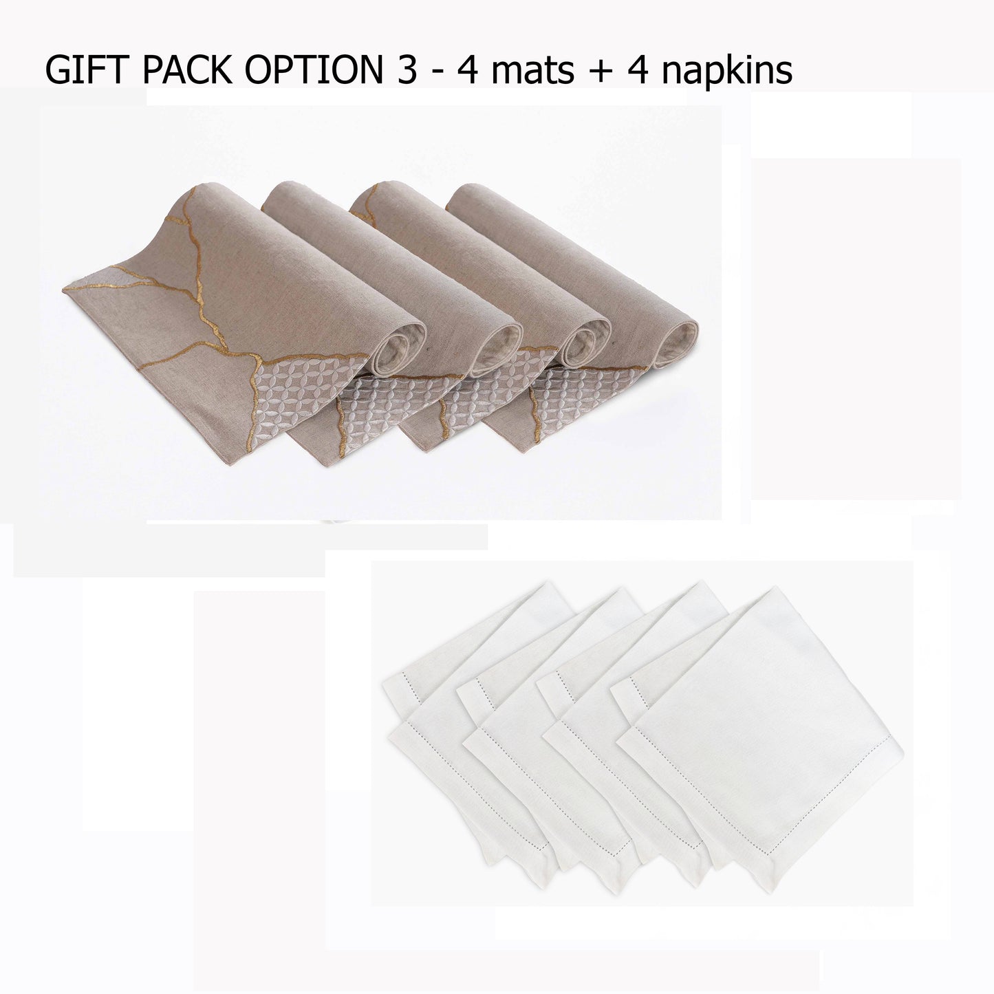 KINTSUGI Table Linen GIFT PACK - Linen and Cotton with Gold Zari and White Silk Embroidery