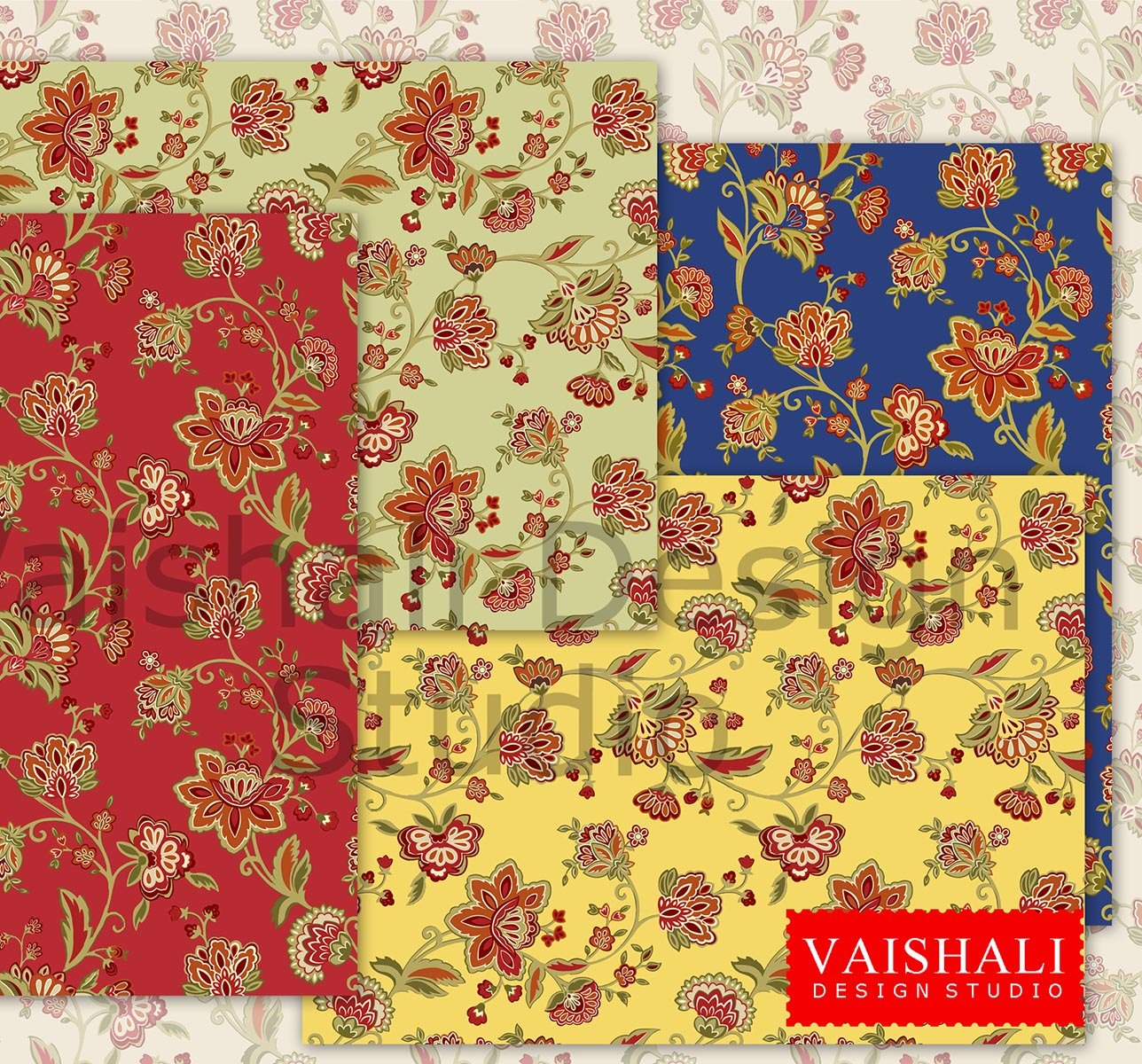Jacobean patterns, multicoloured, seamless pattern, 5 sheets, digital prints