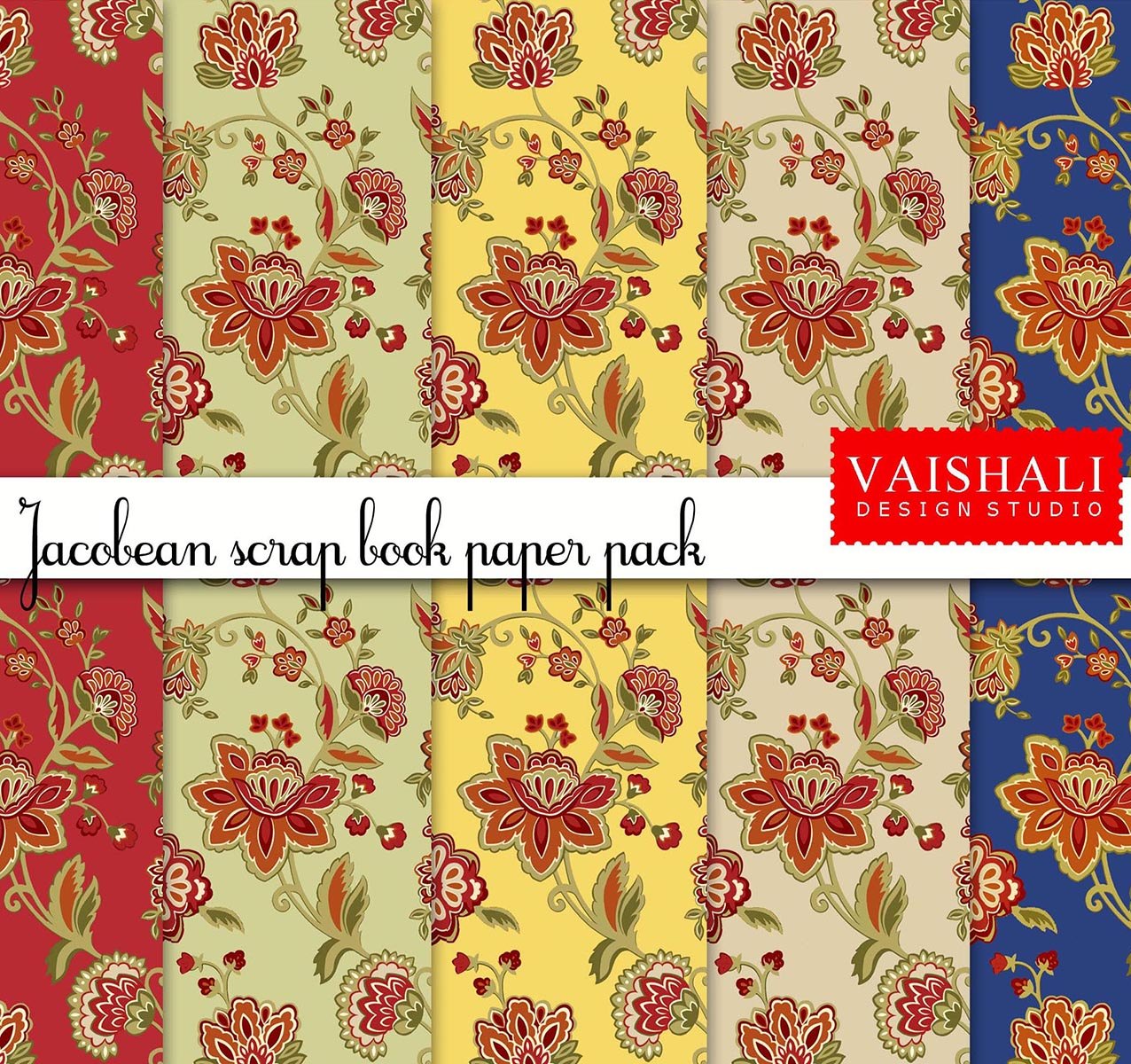 Jacobean patterns, multicoloured, seamless pattern, 5 sheets, digital prints