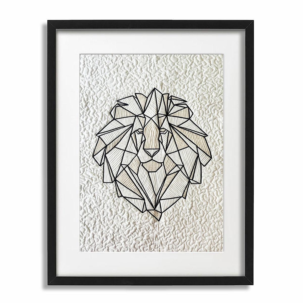 Quilted Textile WALL ART, Lion geometrical pattern, Neutral colours, 20X26 inches