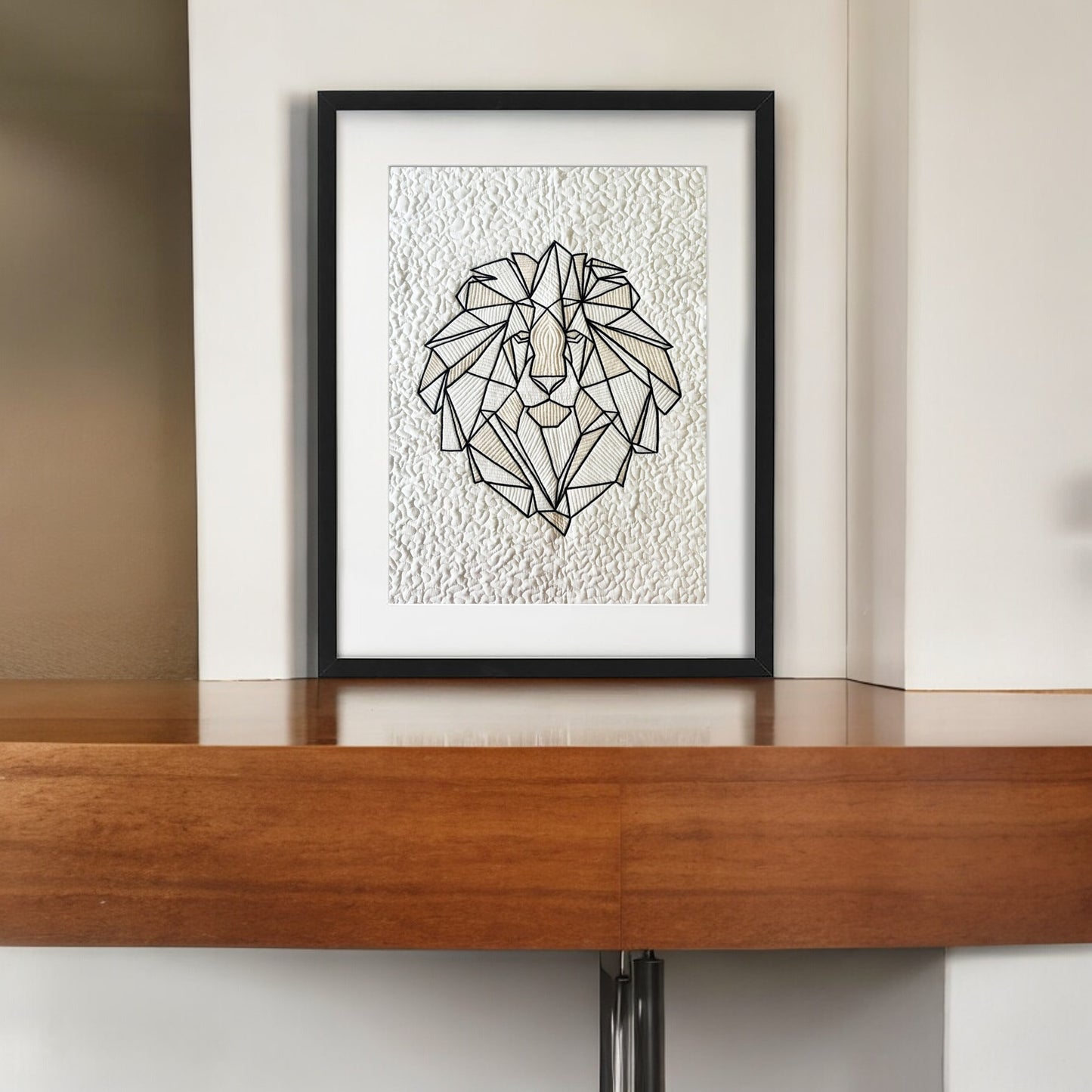 Quilted Textile WALL ART, Lion geometrical pattern, Neutral colours, 20X26 inches