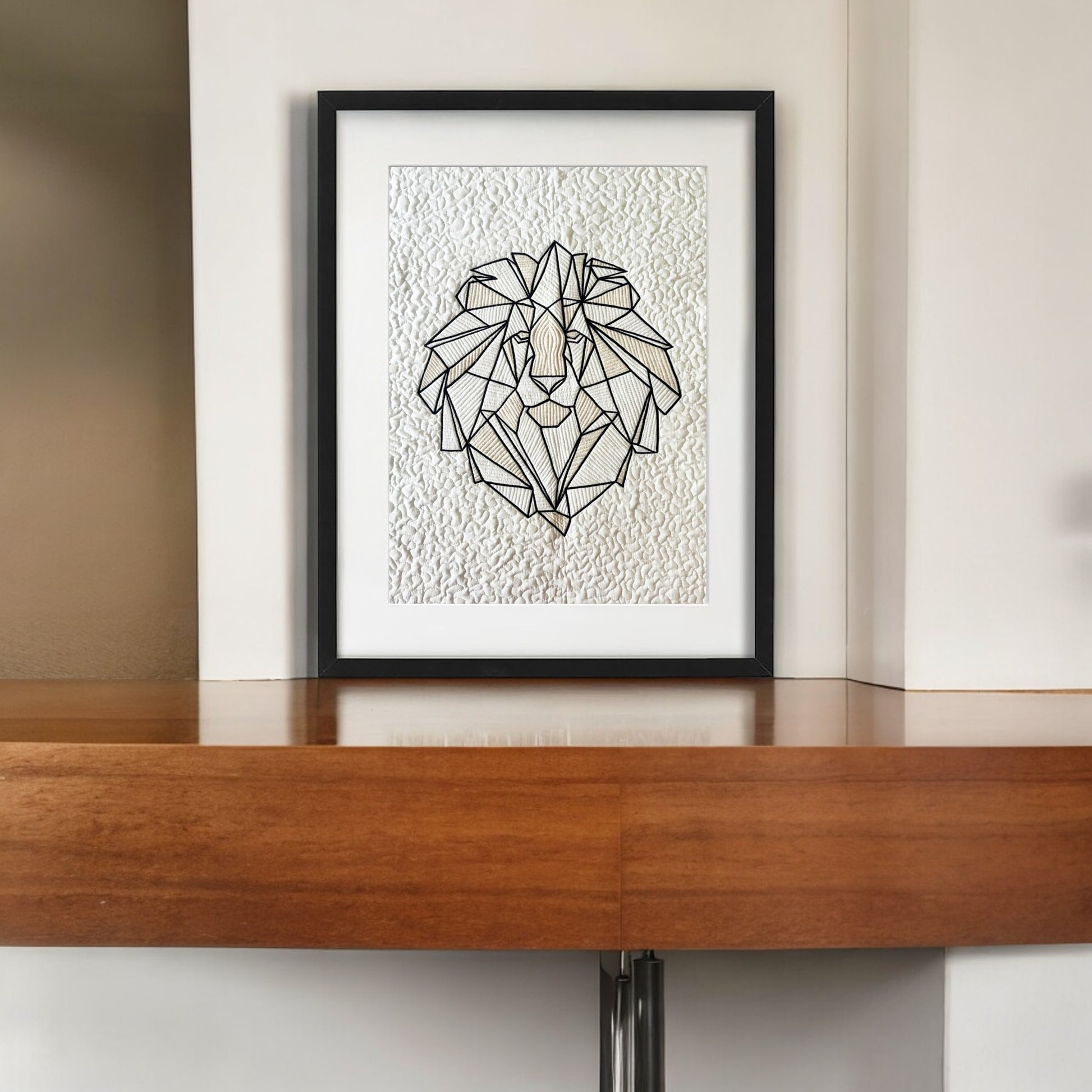 Quilted Textile WALL ART, Lion geometrical pattern, Neutral colours, 20X26 inches