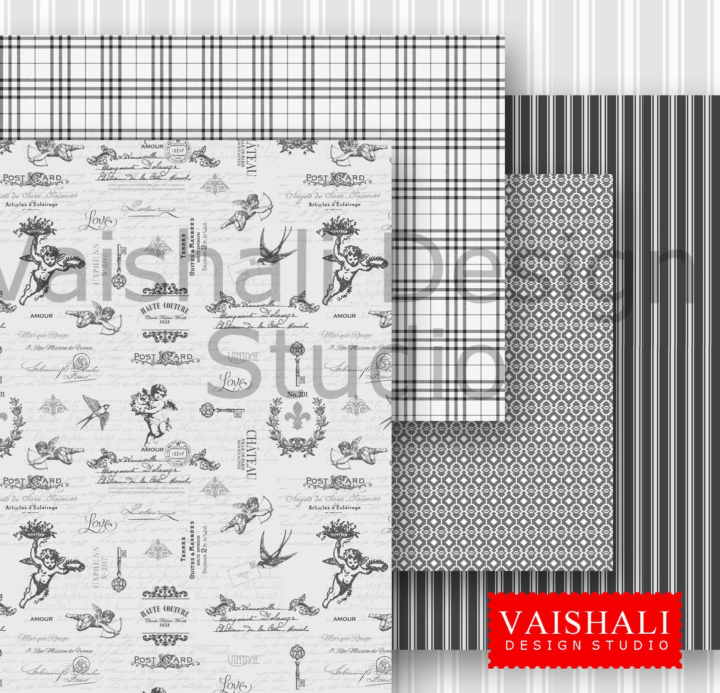 Vintage angel pattern, Digital print pack, blacks and greys, 4 sheets A4 size