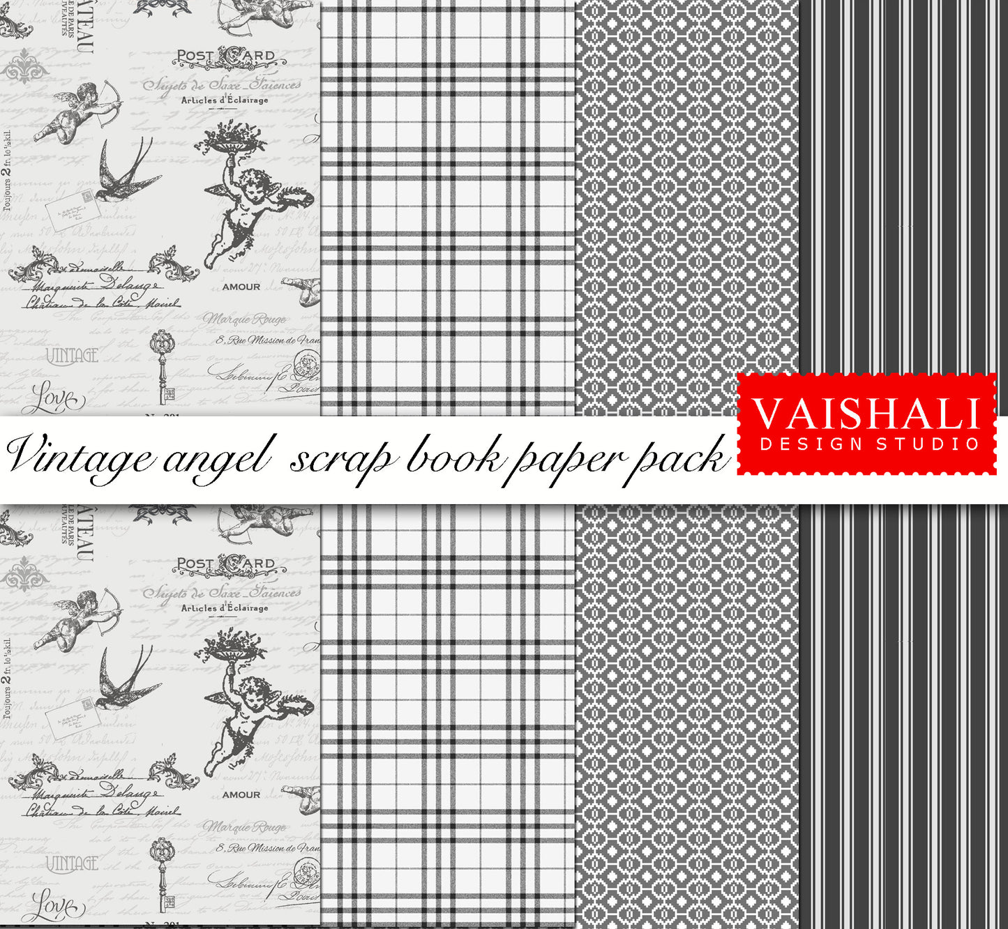Vintage angel pattern, Digital print pack, blacks and greys, 4 sheets A4 size