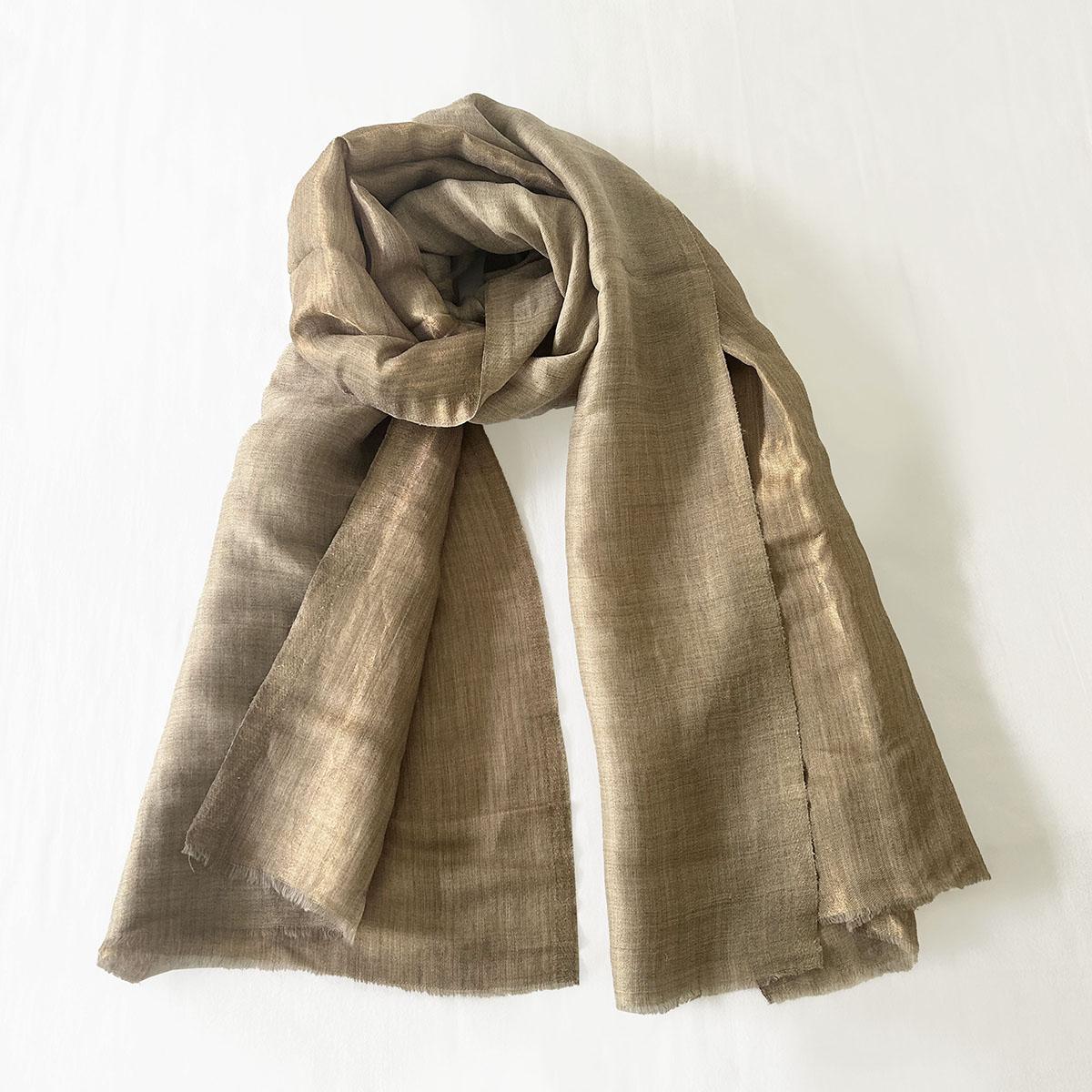 Beige and gold fine wool and zari scarf, reversible stole