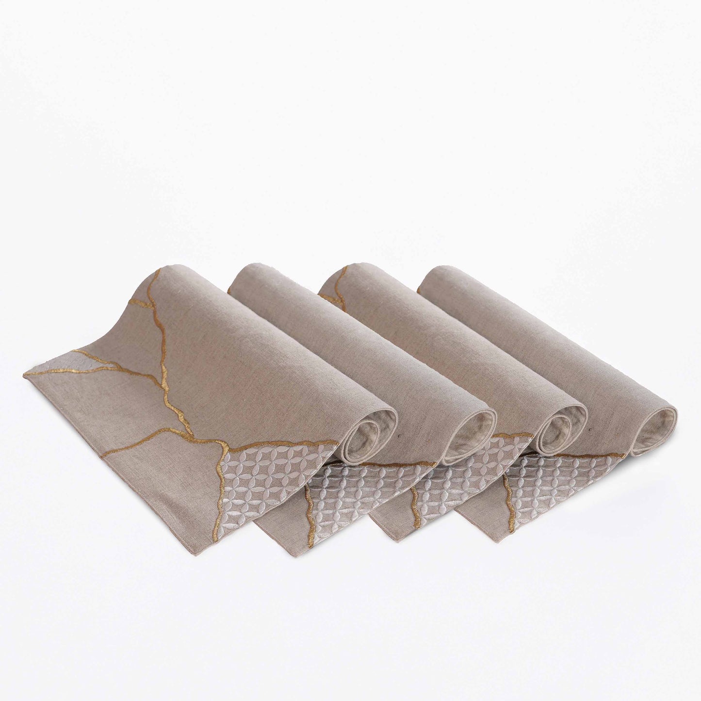 KINTSUGI Pure Linen Table Mats – with Gold & White Embroidery