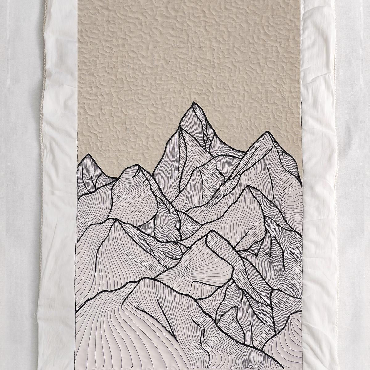 Quilted Textile WALL ART, Mountain pattern, black and white, 20X26 inches