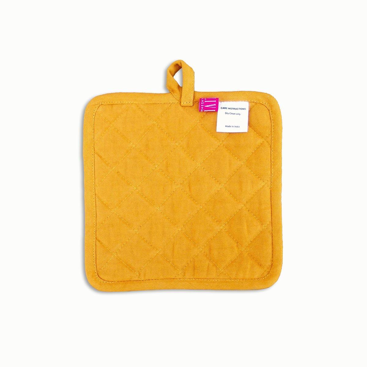 Kalamkari Mustard Yellow quilted oven mitt, quilted potholder, kitchen accessory, pure cotton