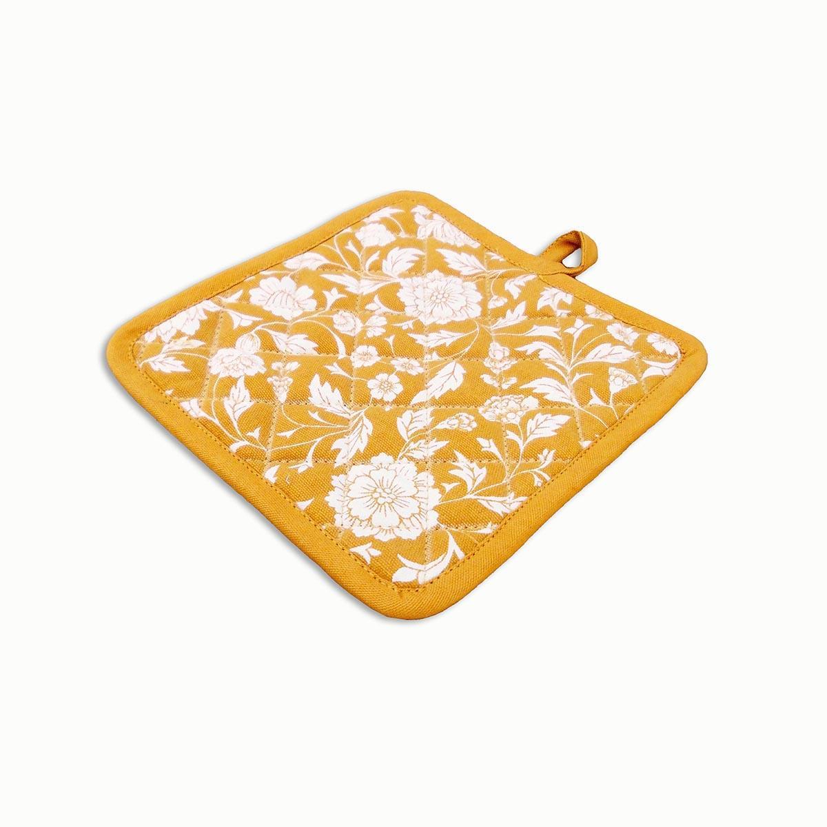 Kalamkari Mustard Yellow quilted oven mitt, quilted potholder, kitchen accessory, pure cotton