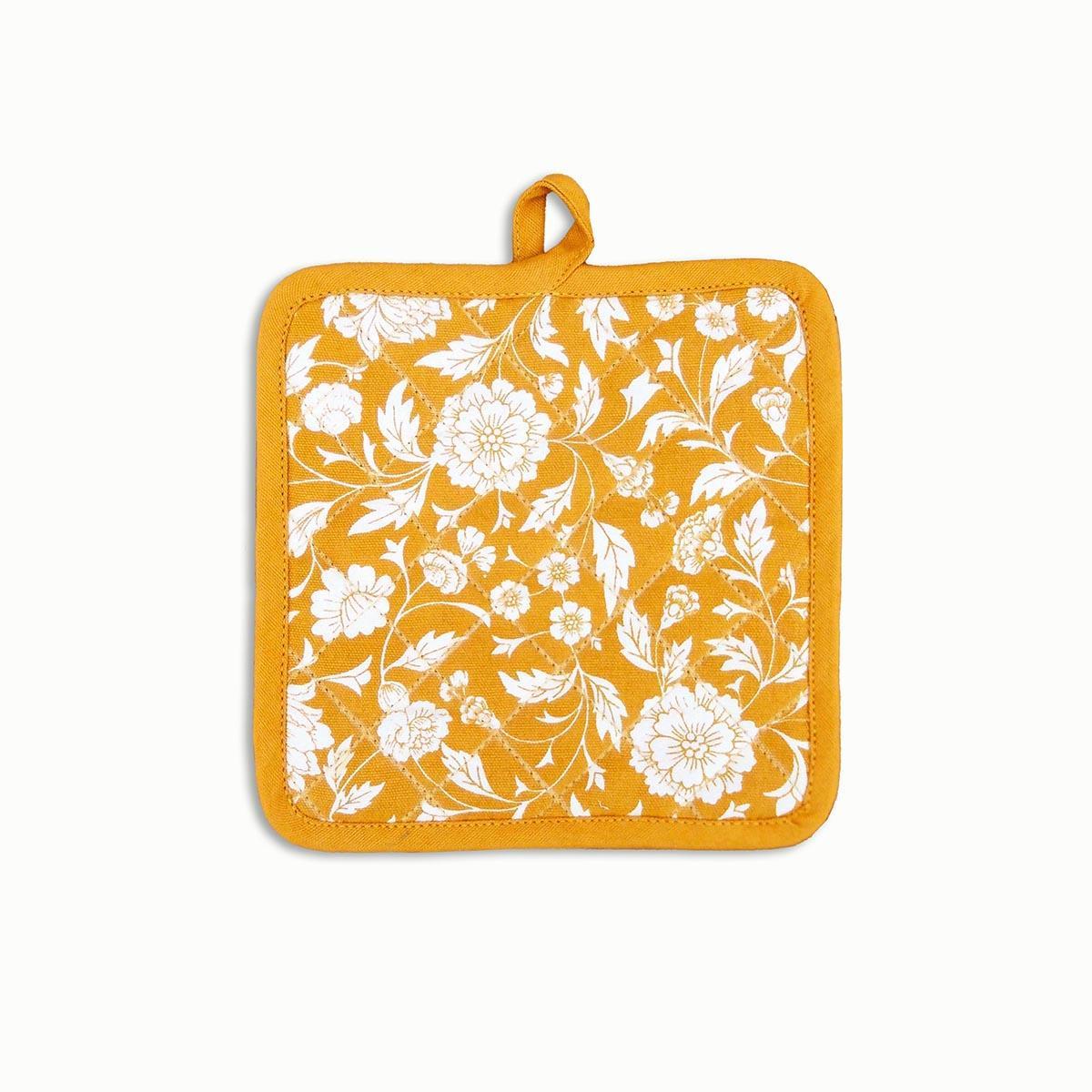 Kalamkari Mustard Yellow quilted oven mitt, quilted potholder, kitchen accessory, pure cotton