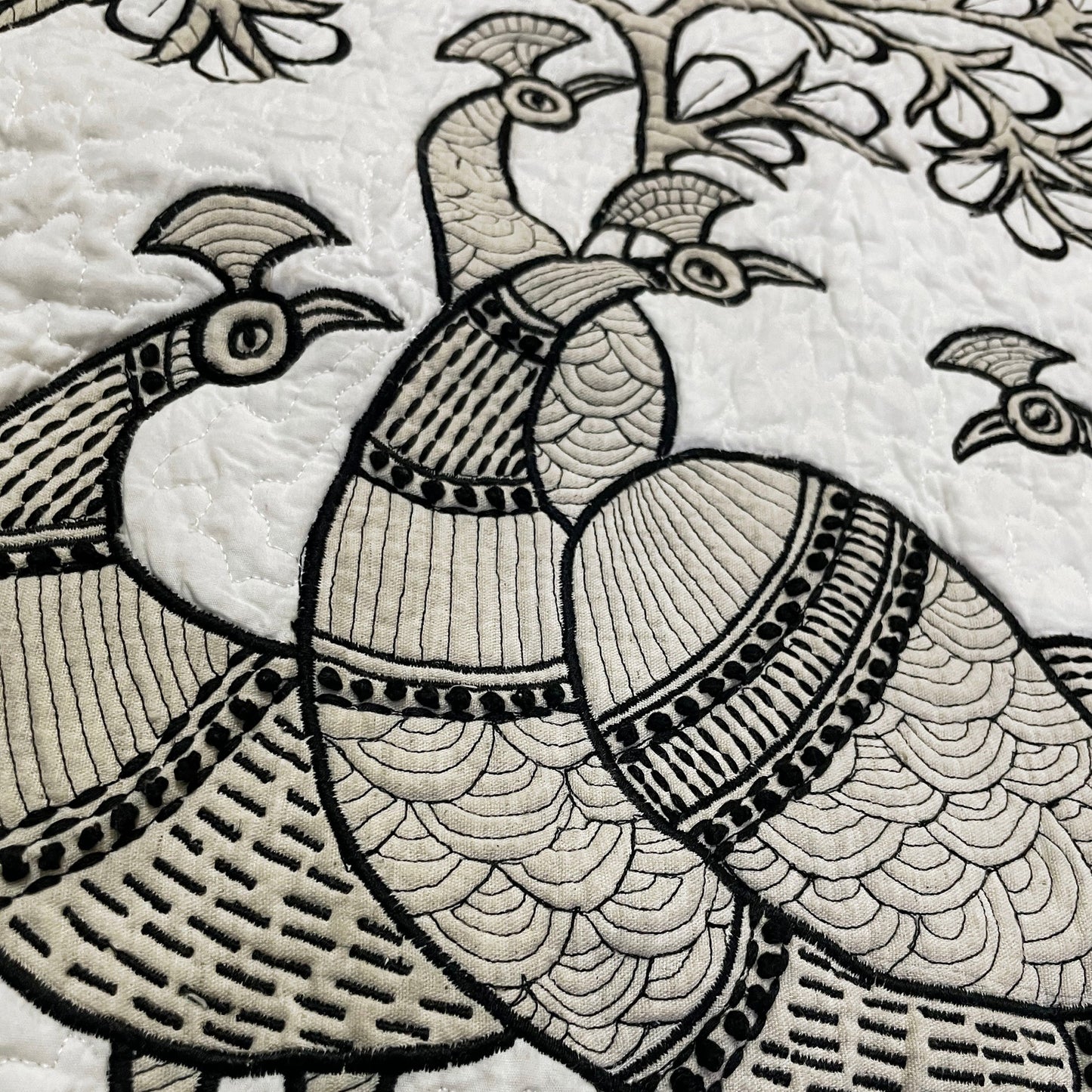 Quilted Textile WALL ART, Gondal art Peacocks, black and white and beige, 20X26 inches - Vliving