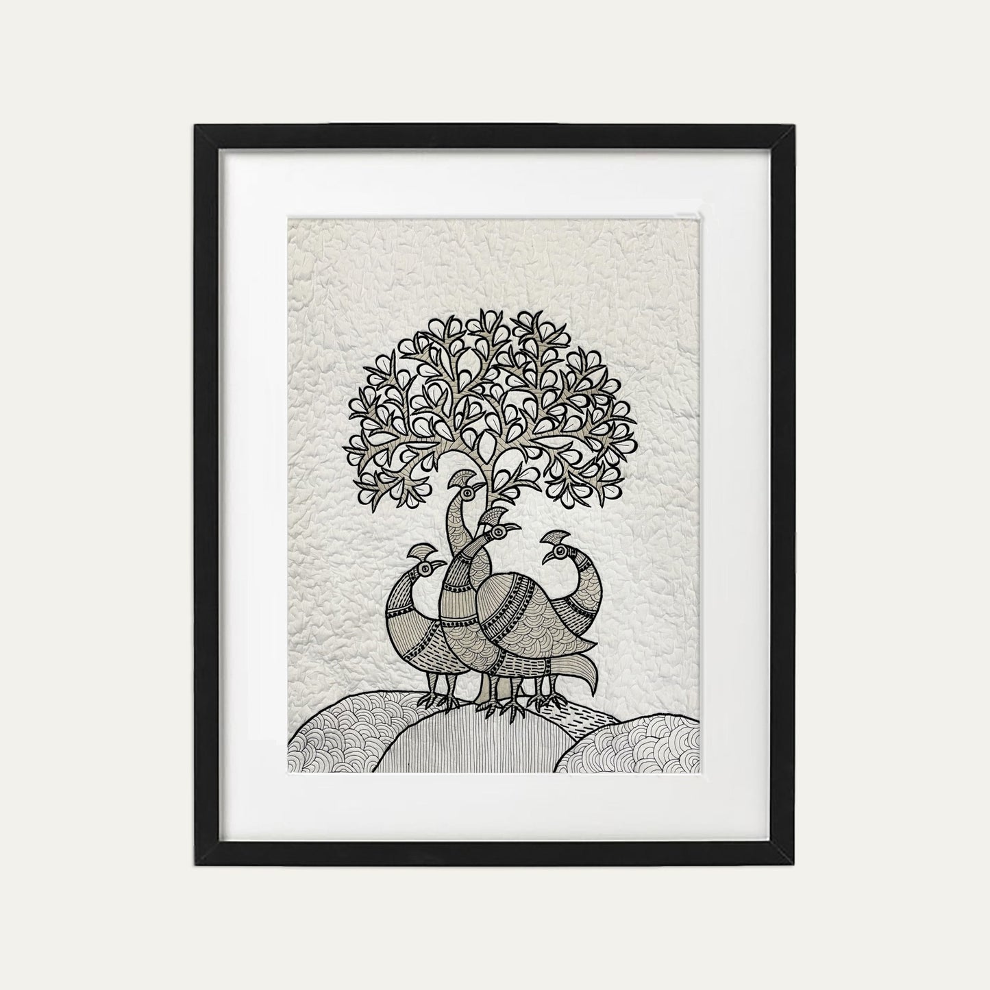 Quilted Textile WALL ART, Gondal art Peacocks, black and white and beige, 20X26 inches - Vliving