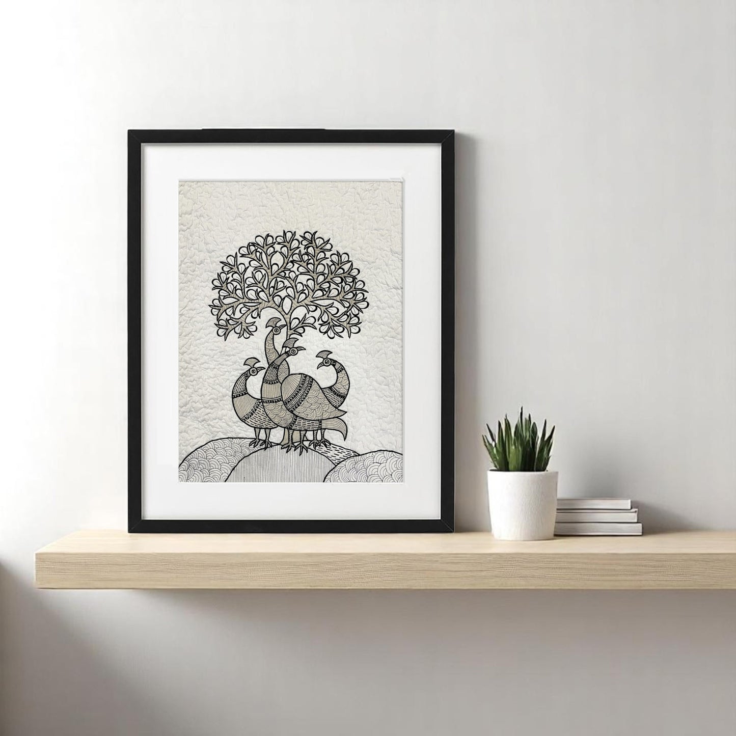 Quilted Textile WALL ART, Gondal art Peacocks, black and white and beige, 20X26 inches - Vliving