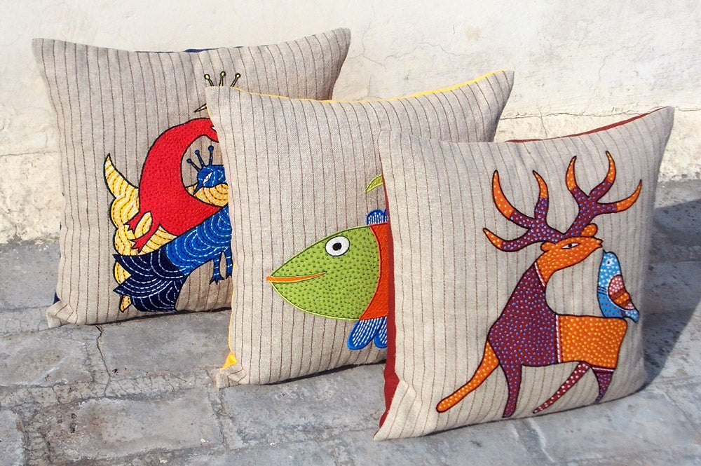 SALE 50% discount, linen pillow cover, deer, tribal, bohemian, Indian, craft, folk motif, appliqued & embroidered pillow size 16"X 16"