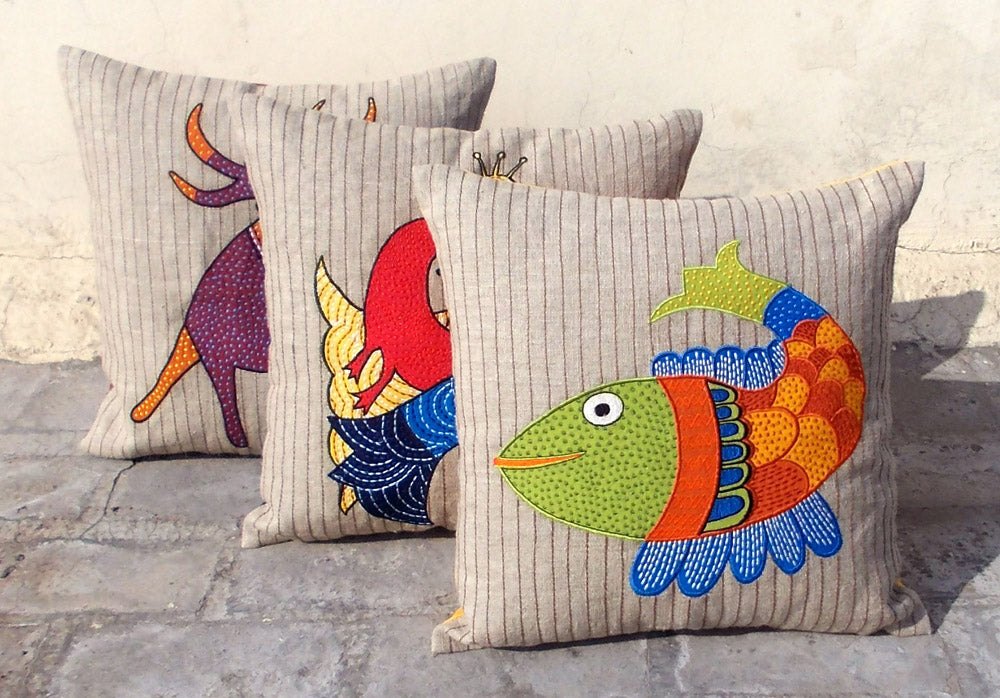 SALE 50% discount, linen pillow cover, fish, tribal, bohemian, Indian, craft, folk motif, appliqued & embroidered pillow size 16"X 16"