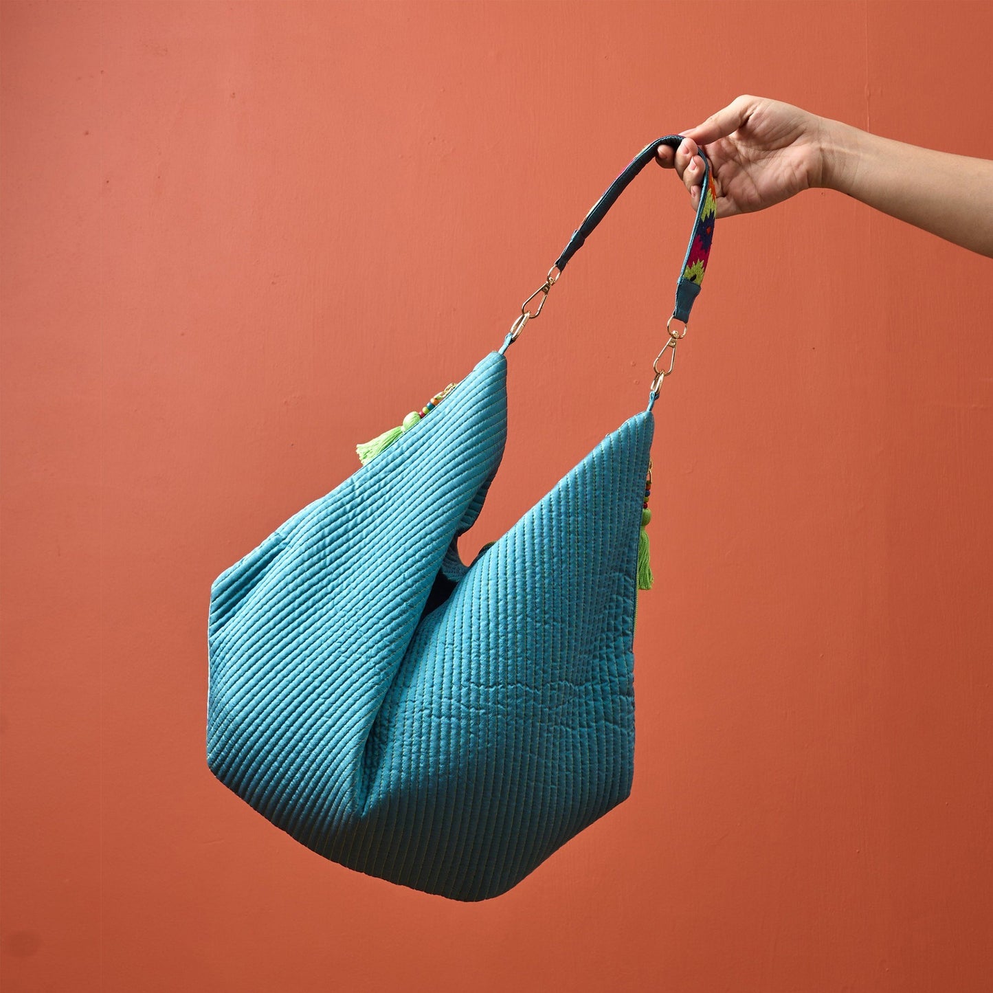 Faux Silk quilted HOBO Bag, Turquoise, hand embroidered handle, Gift for her