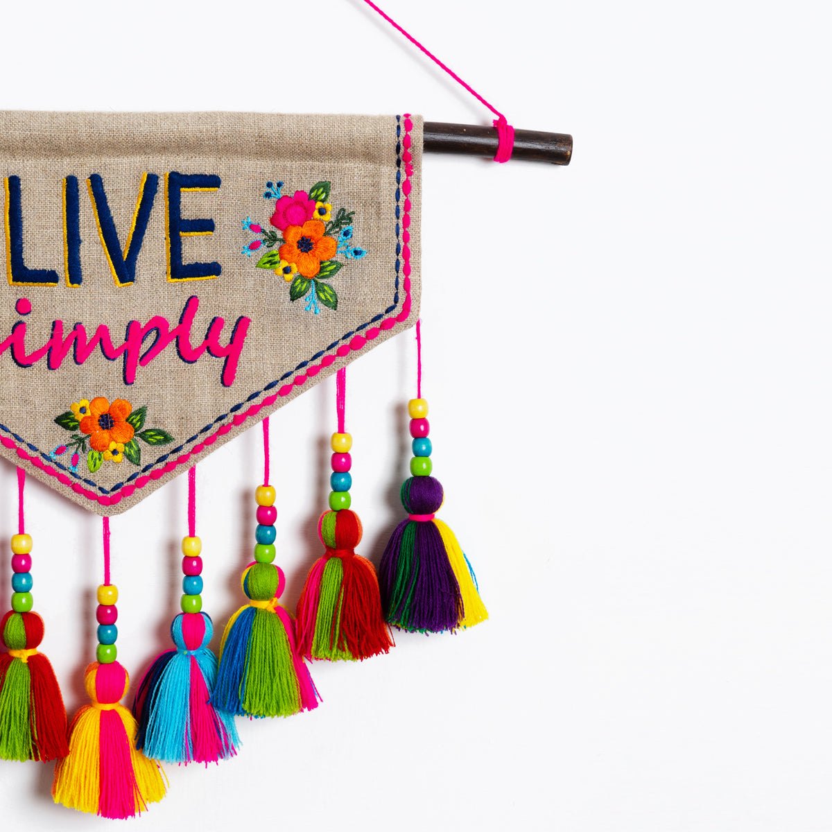 Quotation Wall art - embroidered triangular linen wall art with multicolour tassels