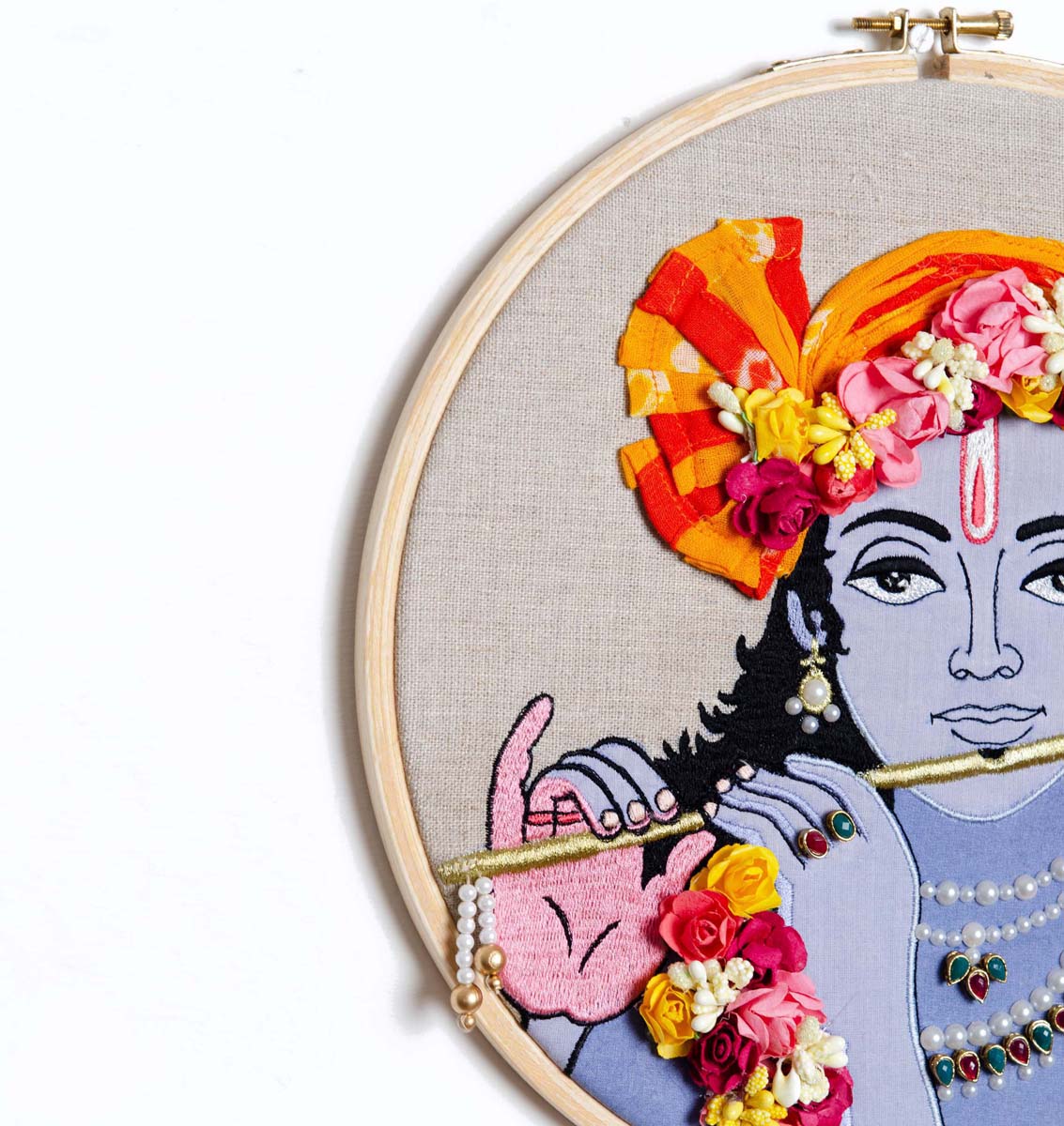 KRISHNA WALL ART - on Embroidery Hoop or wooden frame, linen with bright colours