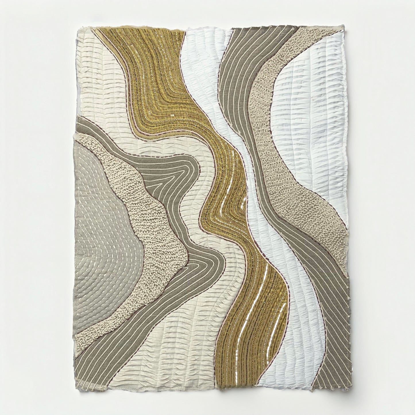 Quilted Textile WALL ART, Natural textures & Gold zari, unframed
