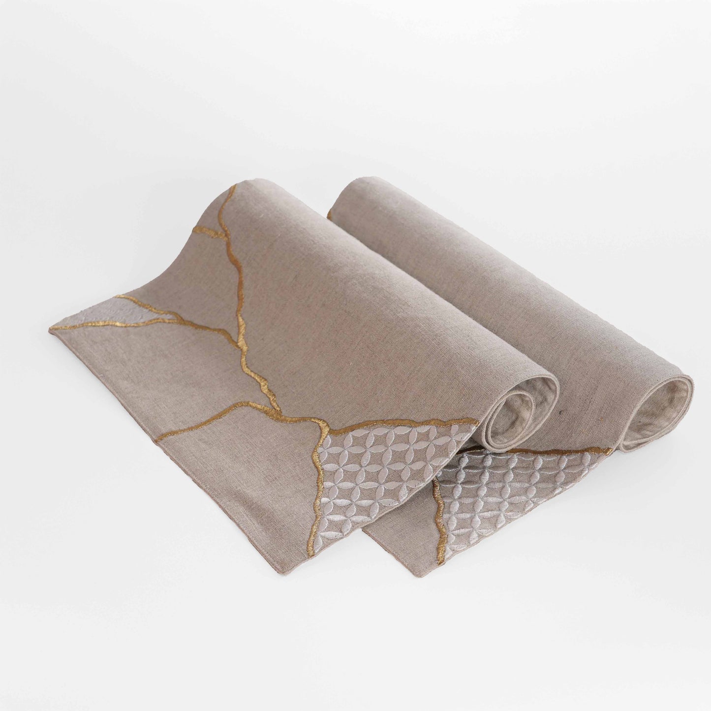 KINTSUGI Pure Linen Table Mats – with Gold & White Embroidery