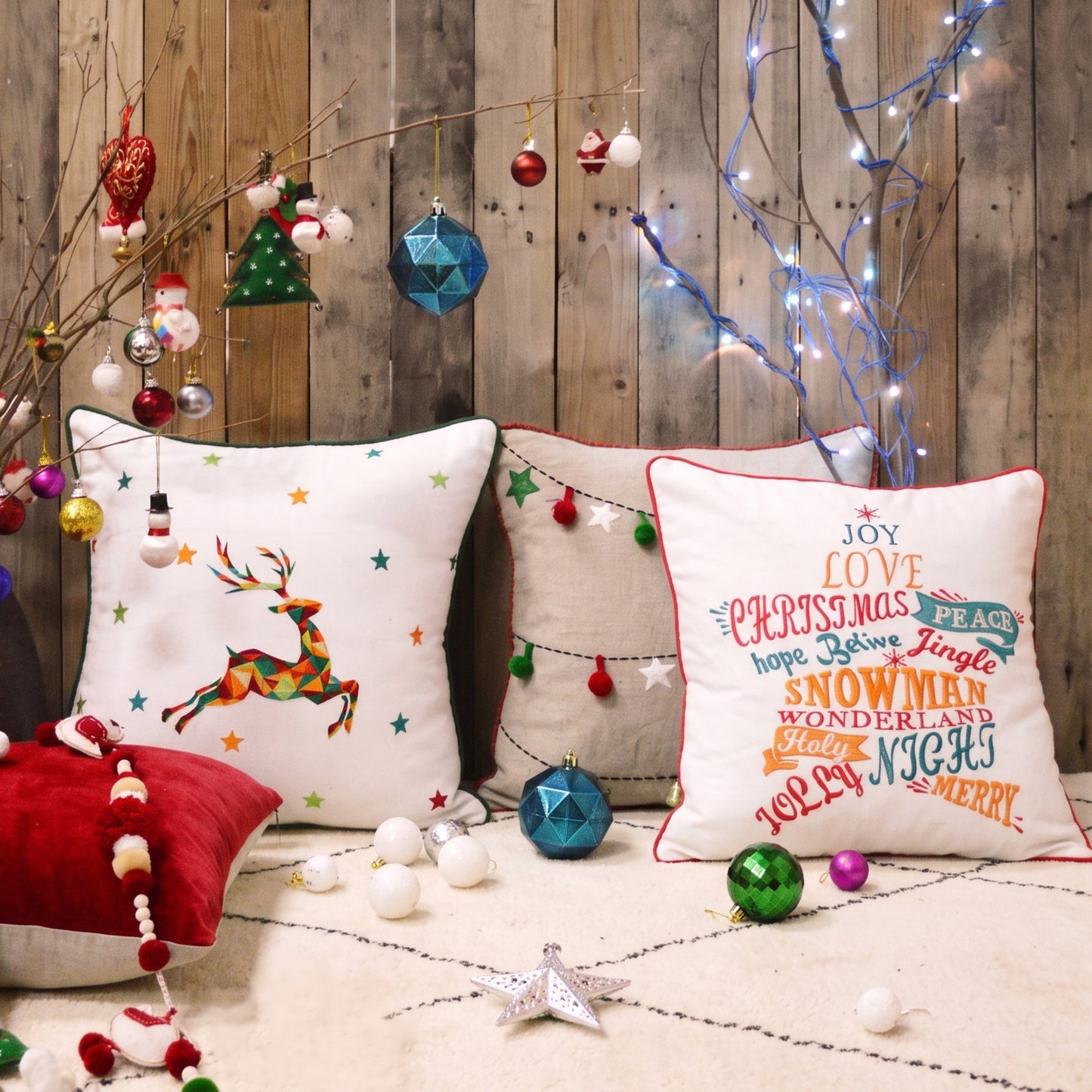 Christmas Word Art Embroidered Cushion Cover – Multicolour, 16"x16"